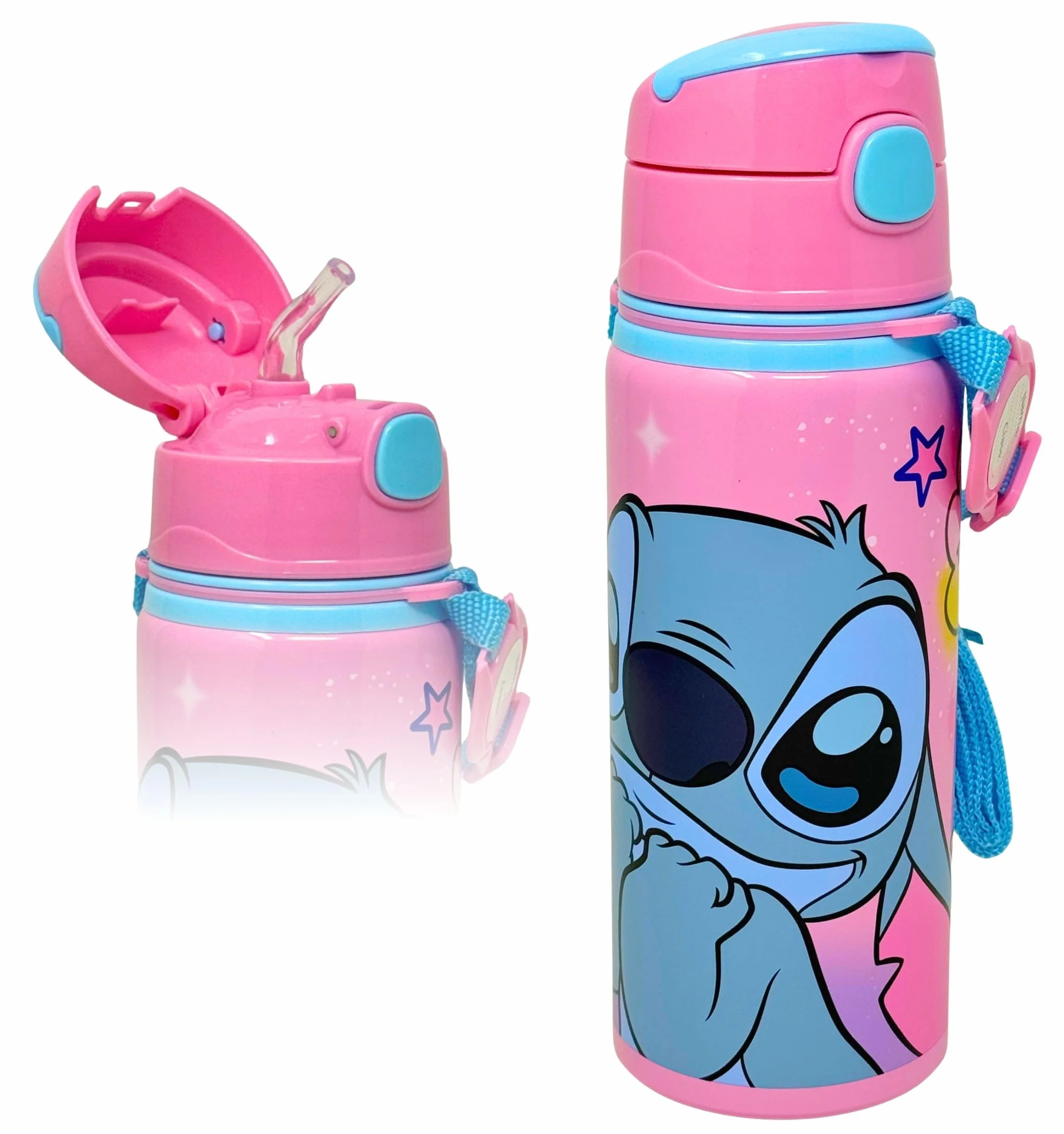 Botella de Agua Infantil Stitch Fan 600ml Aluminio con Pajita y Correa Antigoteo Sin BPA