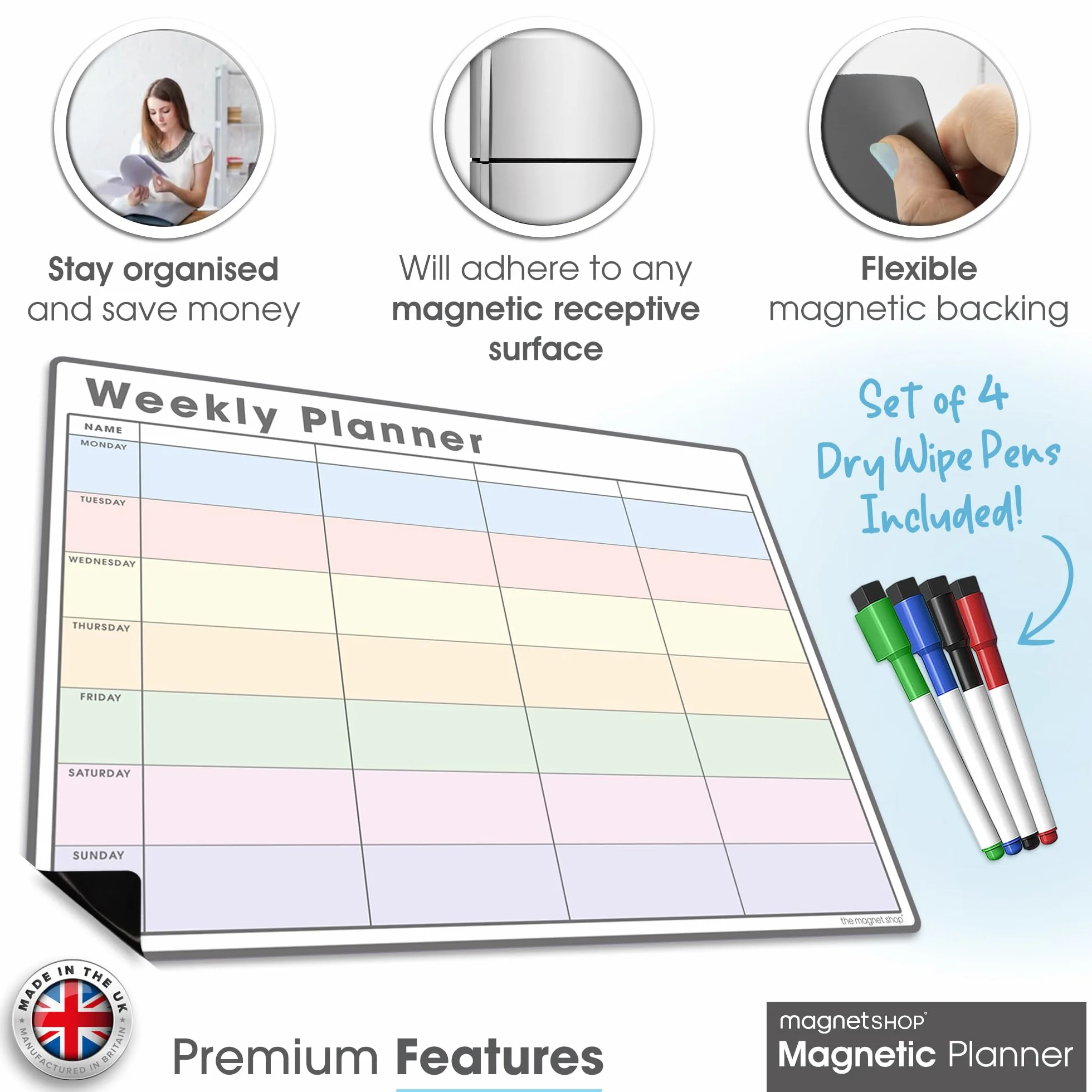 TMS Agenda semanal magnética A3 | Pizarra blanca personalizable para tareas y planificación de comidas | 4 bolígrafos magnéticos 42x30cm