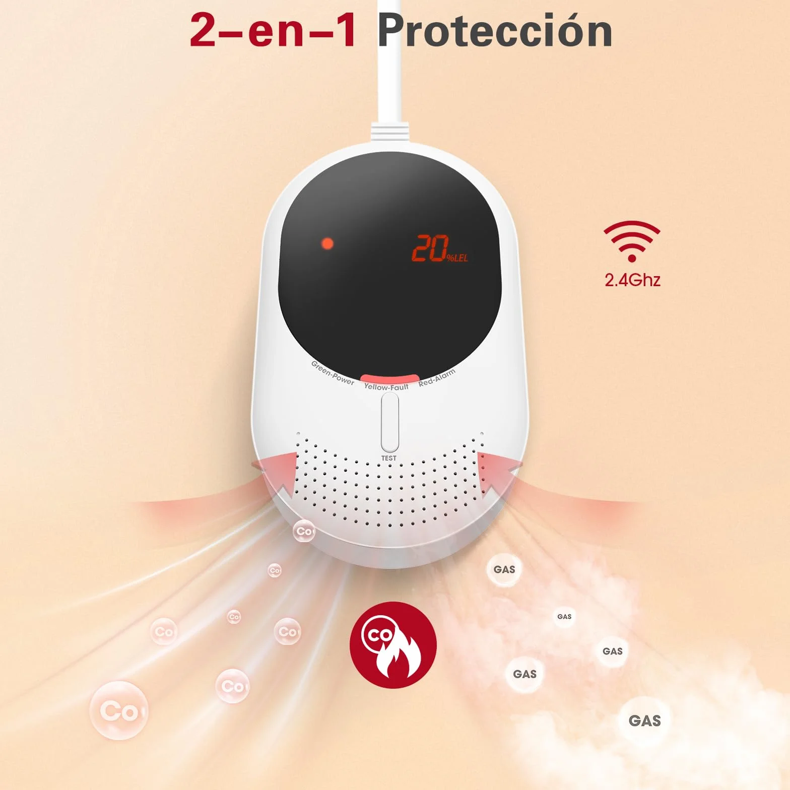 PHYSEN Detector de Gas y Monóxido de Carbono WiFi con Pantalla LED, Certificado EN 50291/EN 50194, Compatible con Alexa/Google Home