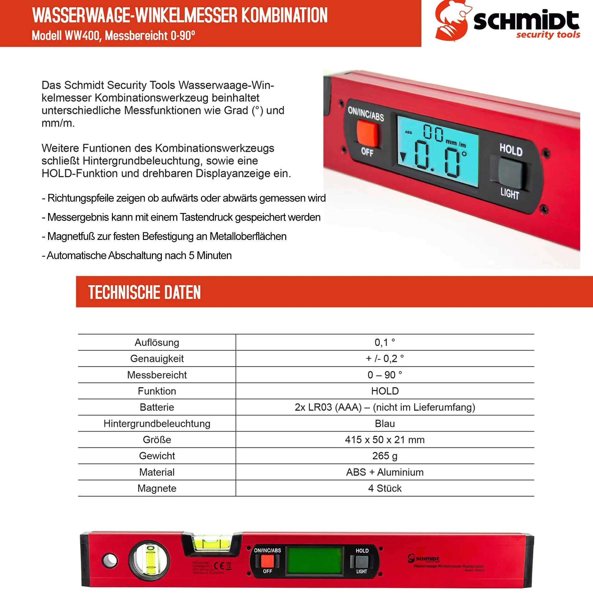 SCHMIDT security Tools Medidor de ángulos electrónico, inclinómetro, pantalla digital LCD, combinación, graduómetro, balanza vertical y horizontal, báscula de ángulo y balanza magnética