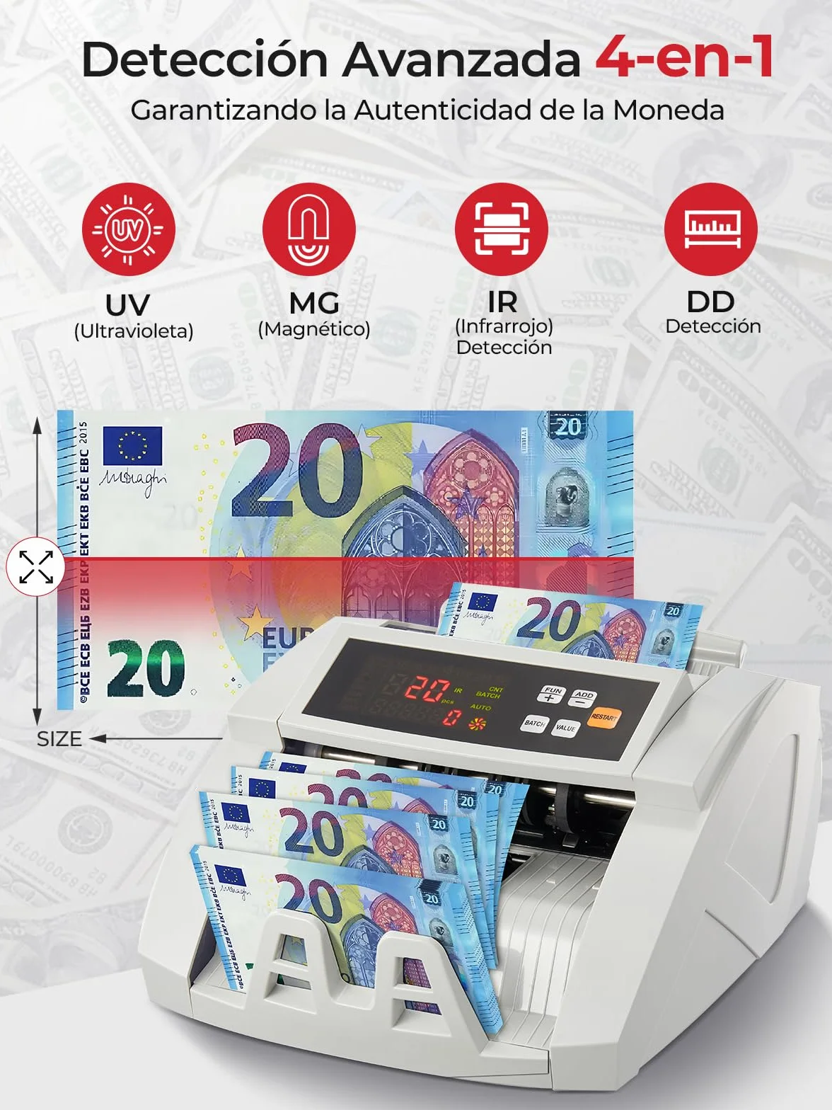 FOHERE Contador de Billetes Profesional 1100 Billetes/Minuto UV/MG/IR/DD LCD