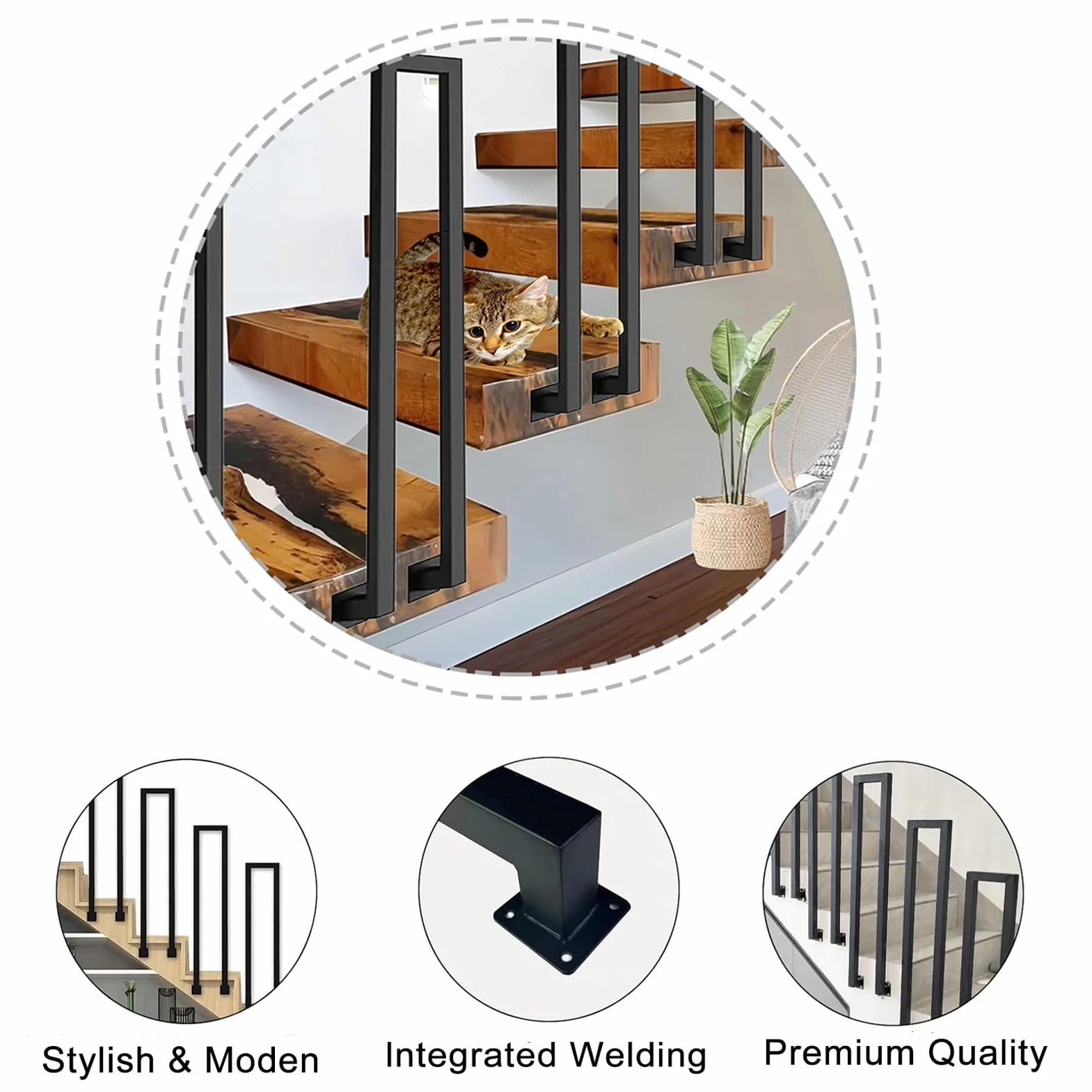 Barandilla Escalera Metal, Pasamanos Escalera Interior Exterior en Forma de U, Barandillas Escaleras U con Juego de Tornillos, para Villa ático Porche Pasillo Balcón (95cm, Negro-Lateral)