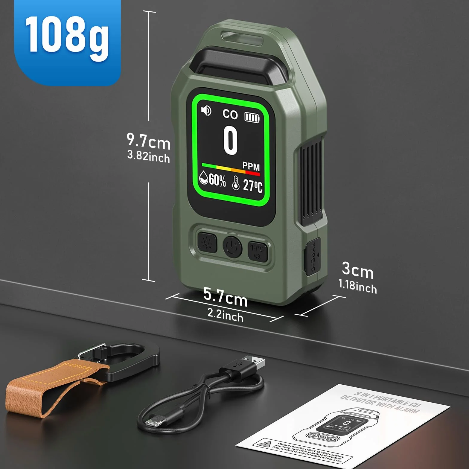 Detector de Monóxido de Carbono Portátil, 300 Horas de Autonomía, Medidor de Temperatura y Humedad, con función de Alarma y Linterna de Emergencia, Ideal para acampadas, Viajes, Coches y cocinas.