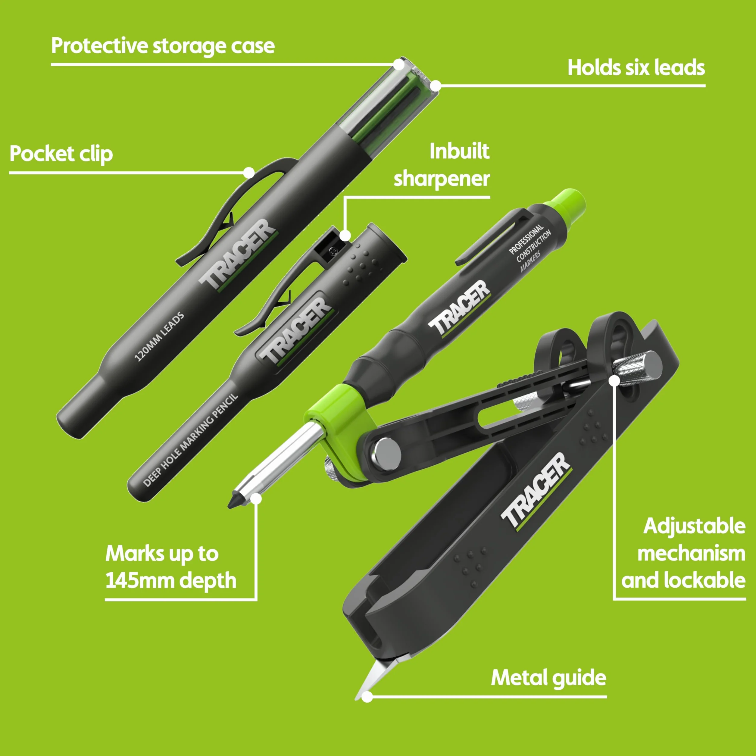 Tracer ProScribe APST2 | Herramienta de Trazado Multifunción con Gramil, Lápiz de Agujero Profundo y Estuche | +15 Aplicaciones | Carpinteros, Albañiles | Madera, Metal, Plástico
