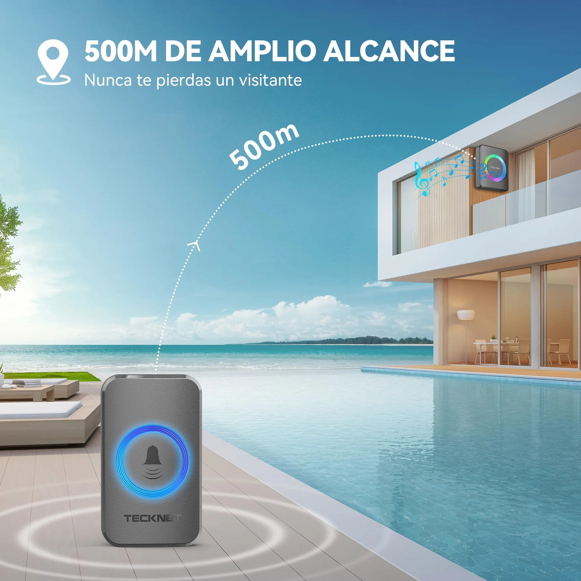 TECKNET Imbre Inalámbrico, 500m Alcance IP65 Impermeable,Timbre Inalámbrico Exterior Impermeable 60 Melodías Ajustables, 5 Niveles de Volumen (0-110dB),Adecuado para Hogar, Hotel, Emergencia, etc