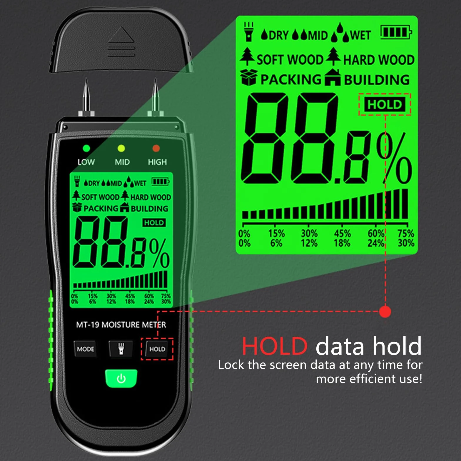Medidor de lectura de madera de pantalla grande de mano de alta precisión, adecuado para uso en interiores y exteriores, trabajadores de la construcción, detector digital