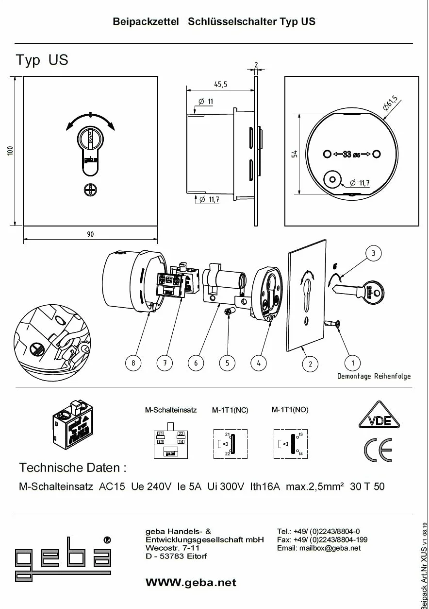 Schlüsseltaster Unterputz geba 2-seitig tastend US 1-2T/1 121.1301.1A, inkl. DIN Profilhalbzylinder & 3 Schlüssel einbruchhemmend (europäisch patentiertes System), grau/Aluminium-eloxiert