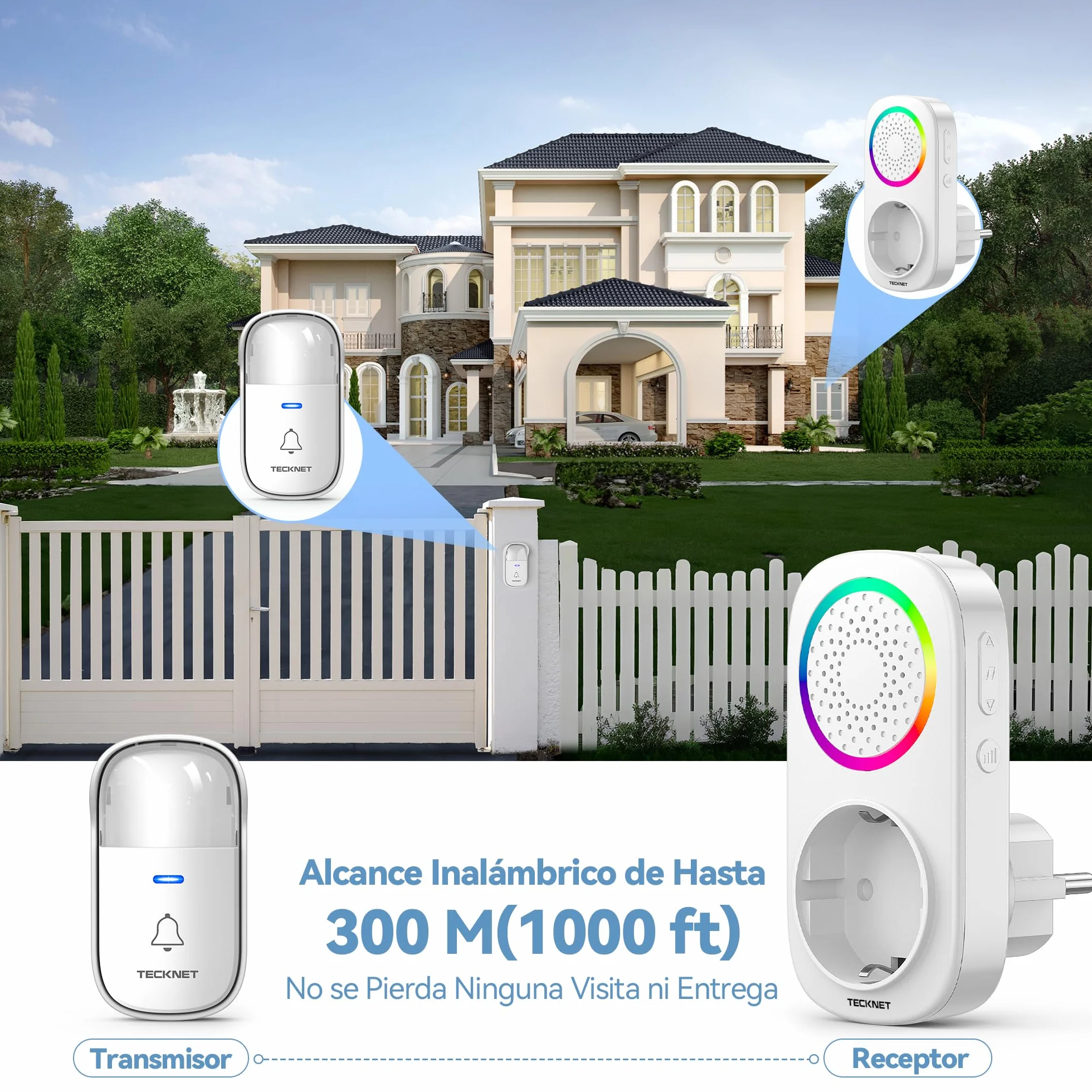 TECKNET Timbre Inalámbrico, 300M RGB Timbre Inalámbrico Autoalimentado, IP65 Timbre Electrónico Impermeable con 60 Melodías, 5 Niveles de Volumen y Flash LED para Hogar Oficina Hotel