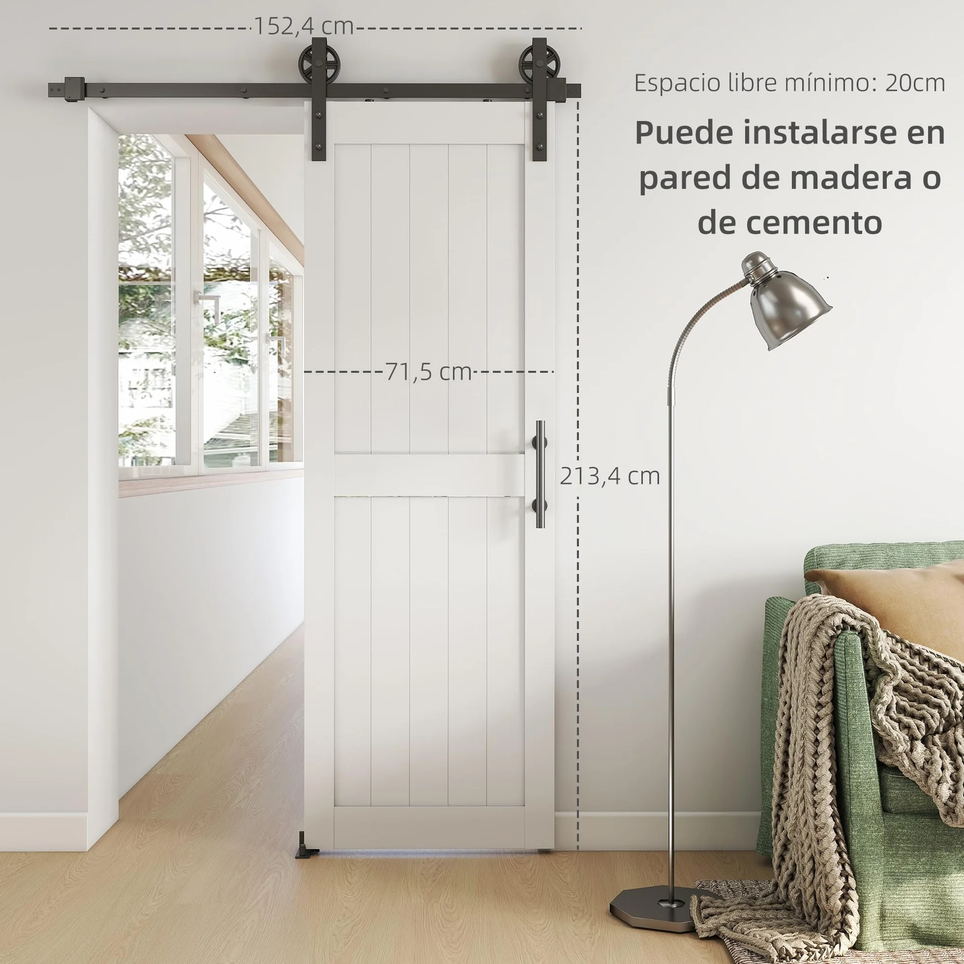 HOMCOM Puerta Corredera de Granero con Herrajes 71,5x213,4 cm Puerta Corredera de Interior con Manija Rodillo y Guía de Suelo Mejorados para Baño Salón Sala de Estar Blanco