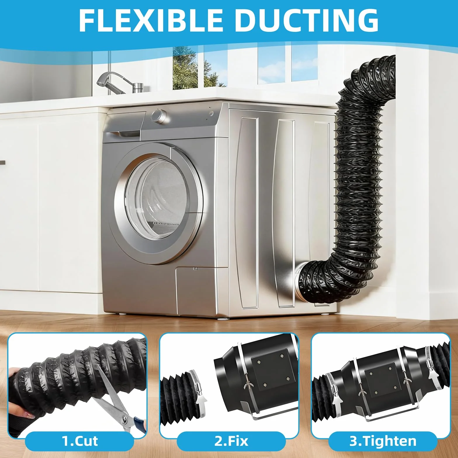 Tubo Flexible Campana Extractora de 100mm: 2m Manguera de Ventilación de Aluminio y PVC, Tubo Flexible de Salida de Aire con 2 Abrazaderas de Acero Inoxidable para Climatización Secadora (Blanco)