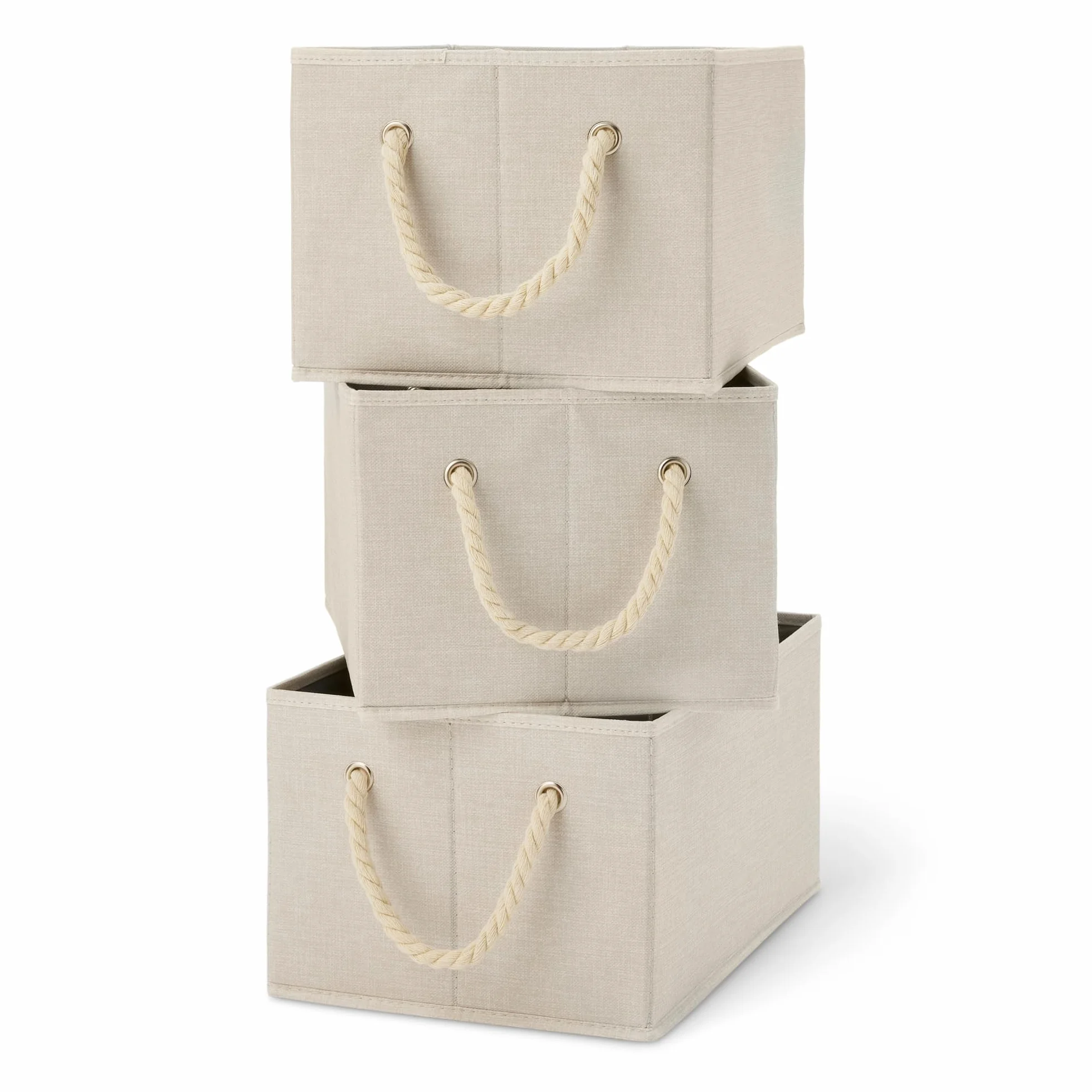 Amazon Basics Cajas de almacenamiento plegables con asas de cuerda, color lino, grande, paquete de 3