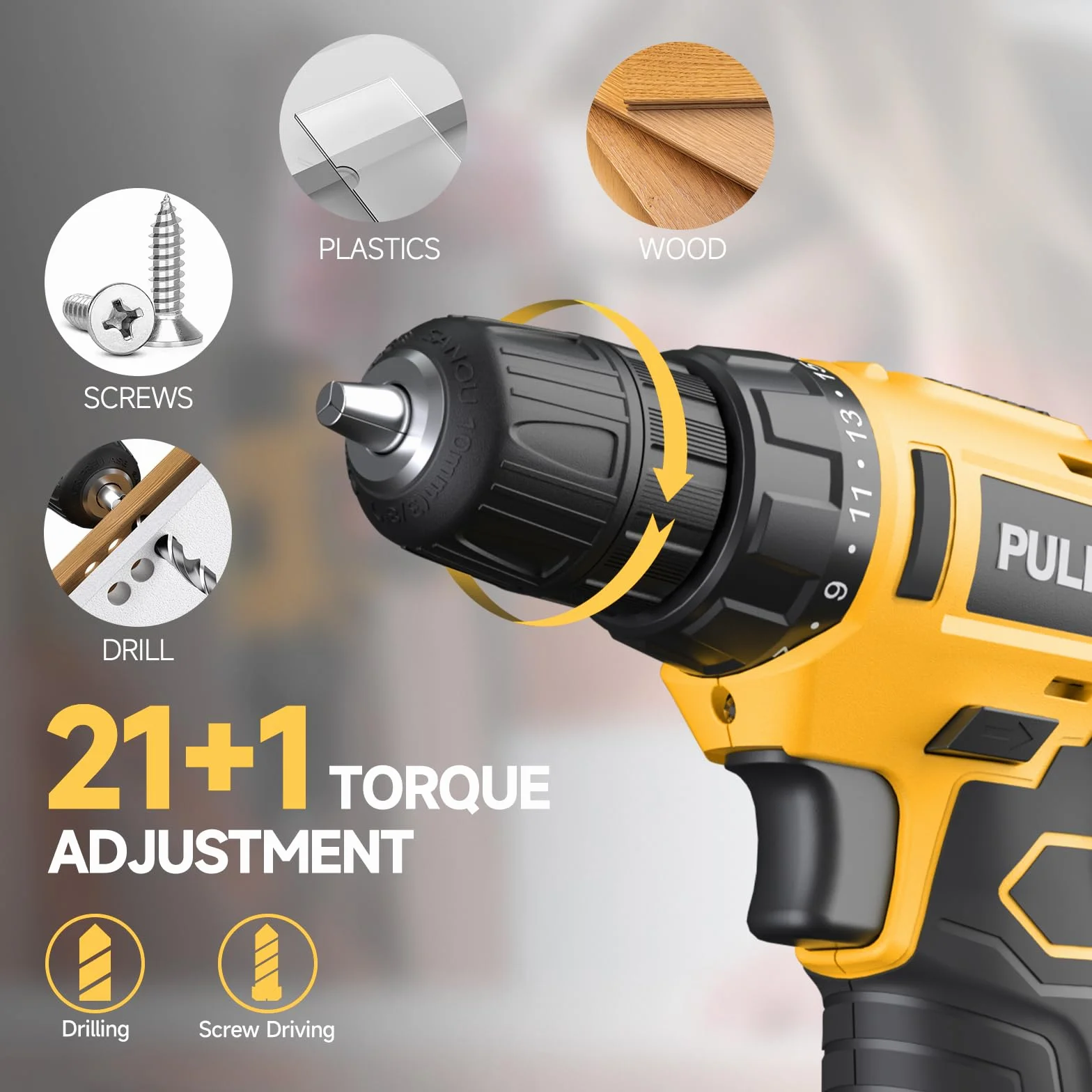 PULITUO 12V taladro inalámbrico, juegos de brocas de perforación de gran alcance con la batería de Li-Ion, 21 + 1 Ajuste de par, 3/8 "pulgadas portabrocas sin llave, taladro eléctrico.