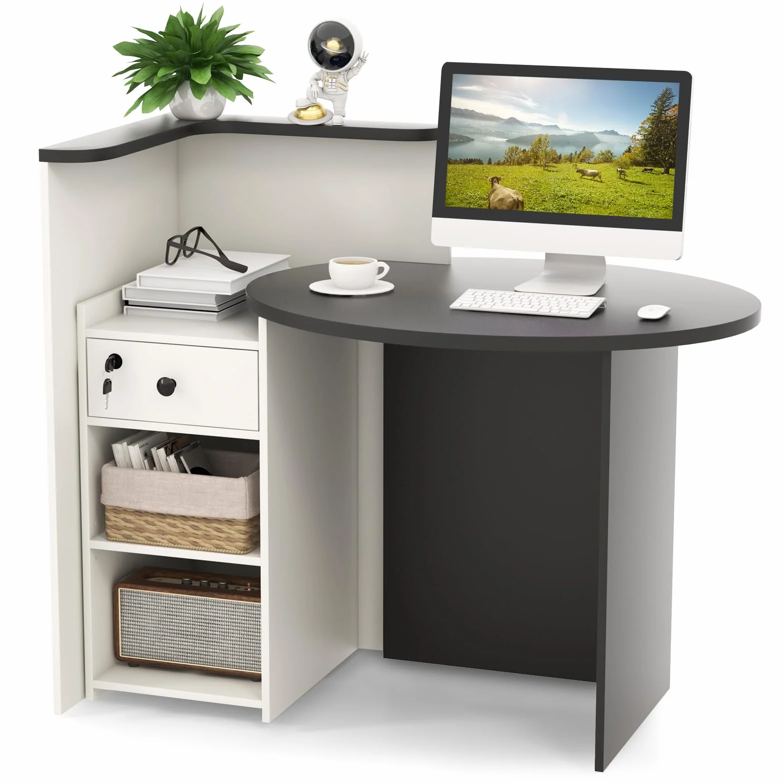 COSTWAY Escritorio de Recepción Ovalado con Cajón con Cerradura, Estante Ajustable, 120 x 70 x 100 cm, Negro