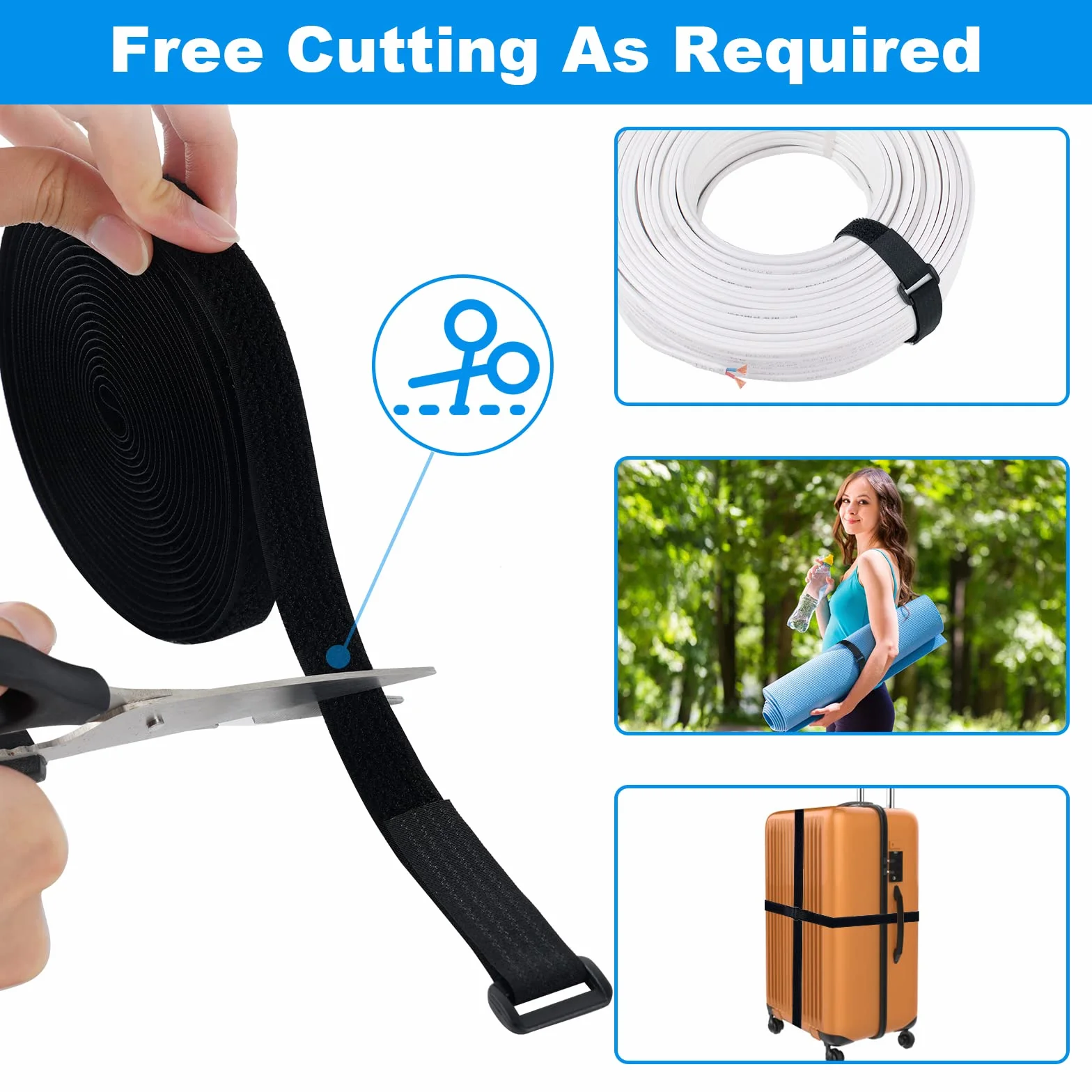 Ainiv Bridas Reutilizables de 10m con 50 Hebillas, 1 Rollo Bridas para Cables, Sujeta Cables Correas Corte Libre, Gancho y Bucle Organizador Cables Multiusos para Oficina, Hogar (10m x 2cm, Negro)