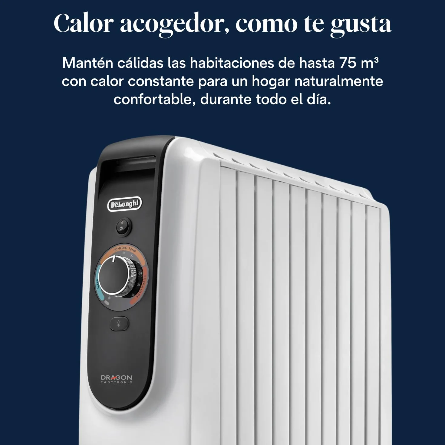 De'Longhi Dragon EasyTronic – Radiador de Aceite para Estancias hasta 75 m³, Calefactor Eléctrico con Termostato de Seguridad, 10 Aletas, Calefacción con 12 Niveles, Portátil, 2500W, Blanco (TRD51025)