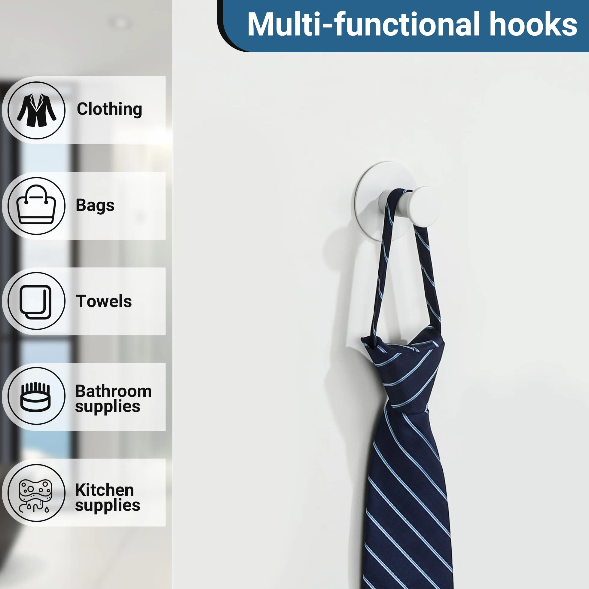 SAYAYO Ganchos Adhesivos para Pared, SUS304 Acero Inoxidable Ganchos para Colgar, Blanco Colgador Toalla Baño, Gancho Pared 2 Piezas para Baño, Dormitorio y Cocina