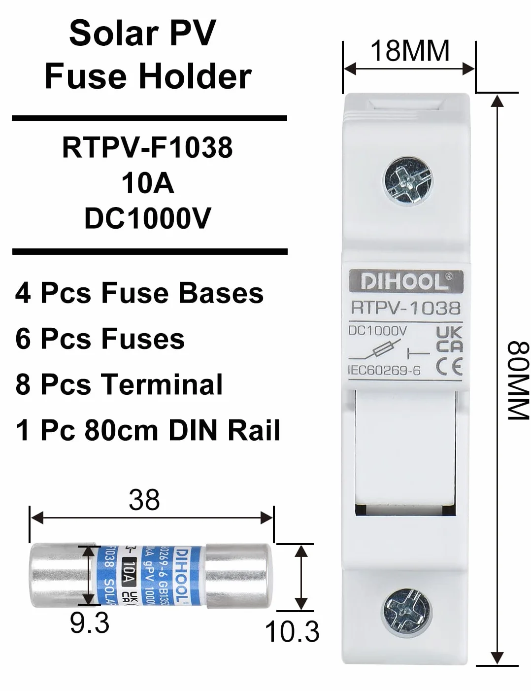 DIHOOL Instalación de guía DIN de 1 polo dc1000v 10 x 38 mm, fusibles fotovoltaicos 10a (4 fusibles y 6 fusibles)