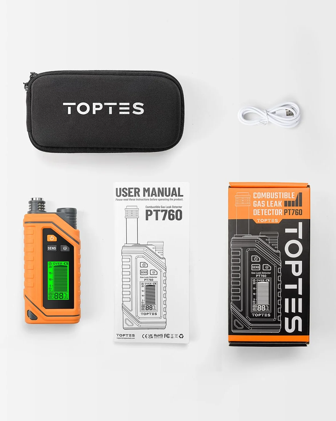 TopTes PT760 Detector de Gas Natural Recargable, Detector de Fugas con Sonda Extensible de 30cm, Sensor%LEL para Propano, Metano, Butano y Gases Combustibles en el Hogar o RV con Linterna - Naranja