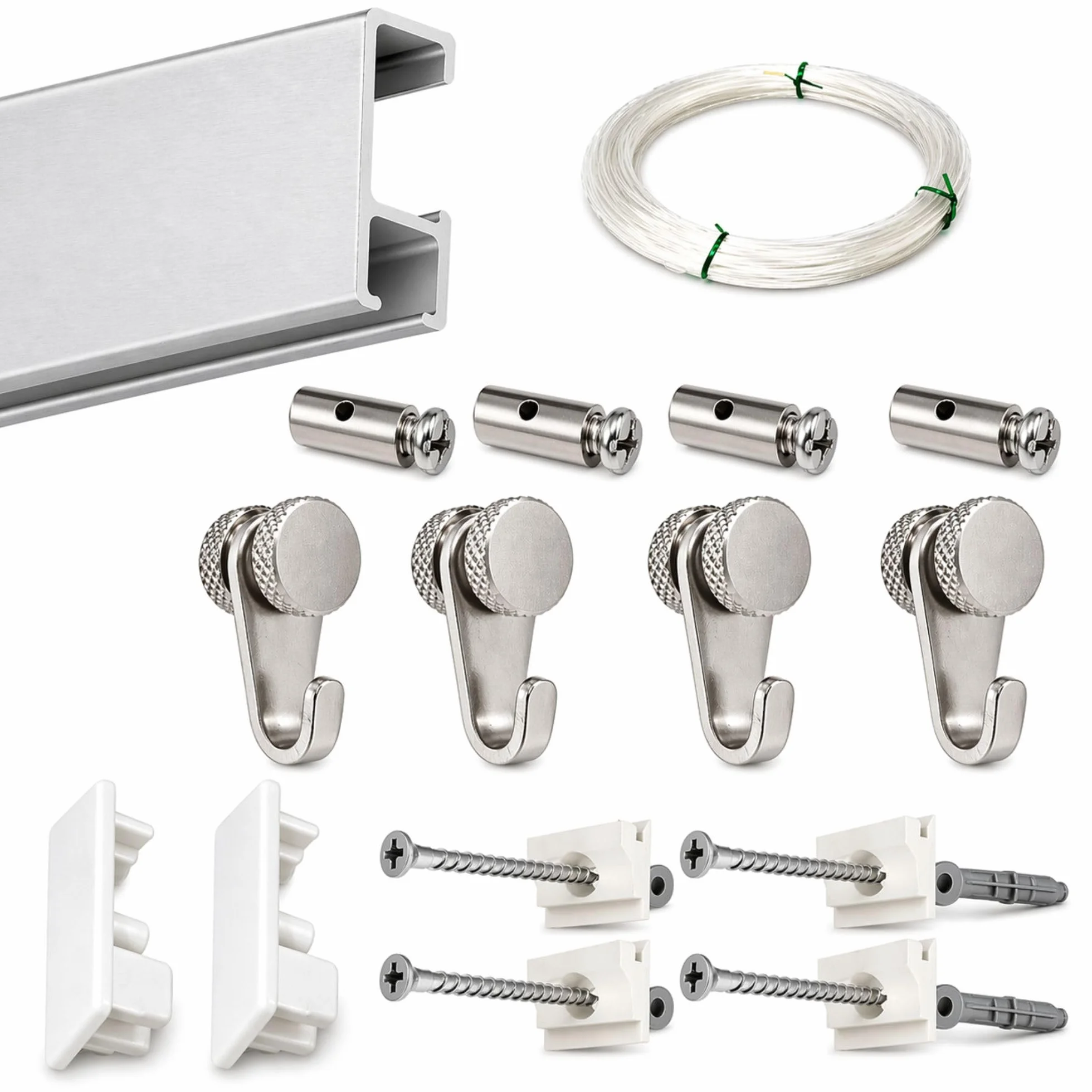 Pack Basic RM de 150cm Guías de Aluminio para Colgar Cuadros (Plata Mate) con 4 colgadores Nylon