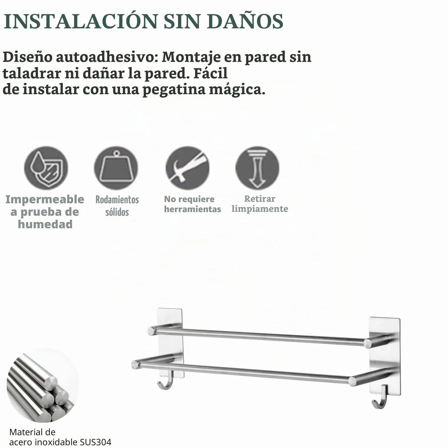 Vista Toallero de Baño sin Taladro con Fuerte Adhesivo 43.5CM Plata Acero Inoxidable Toallero de Baño Accesorio de Baño Accesorio de Baño sin Taladro para Baño y Cocina