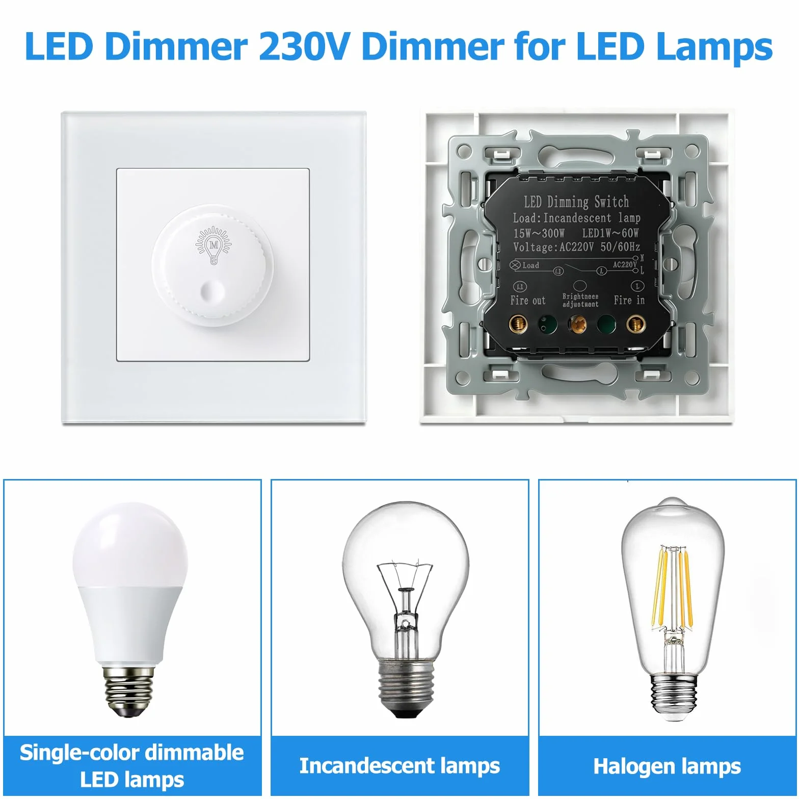 Interruptor Dimmer LED 220v, Regulador de Luz para LED Regulables de 1–60W / Halógenos de 15–300W, Dimmable Switch Protección Segura, Sin Ruido