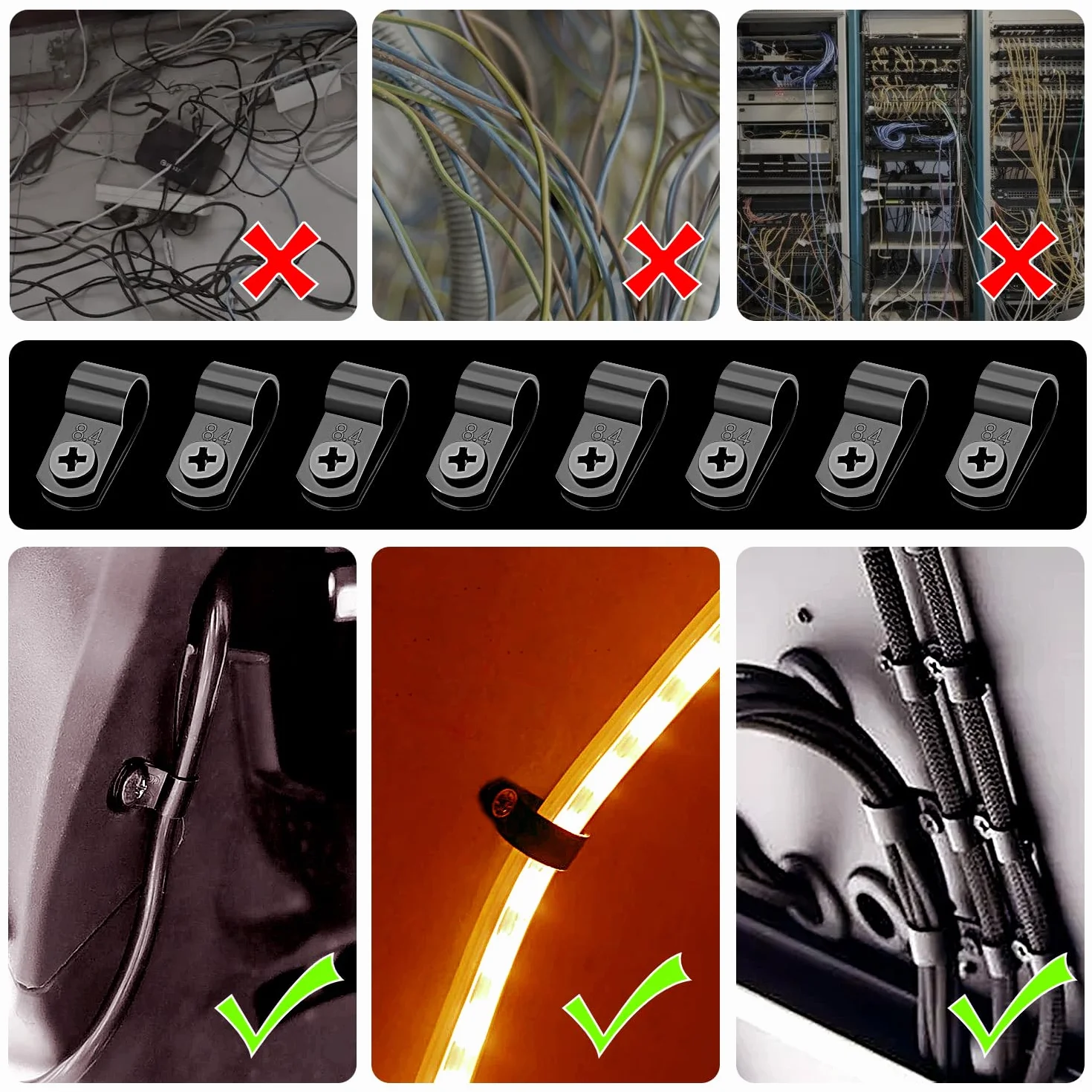VooGenzek 100 Piezas 8.4mm (5/16 Pulgada) Clips de Cable de Nailon Tipo R, Abrazaderas de Cable Tipo R con 100 Piezas de Tornillos, para Gestión de Cables (Negro)