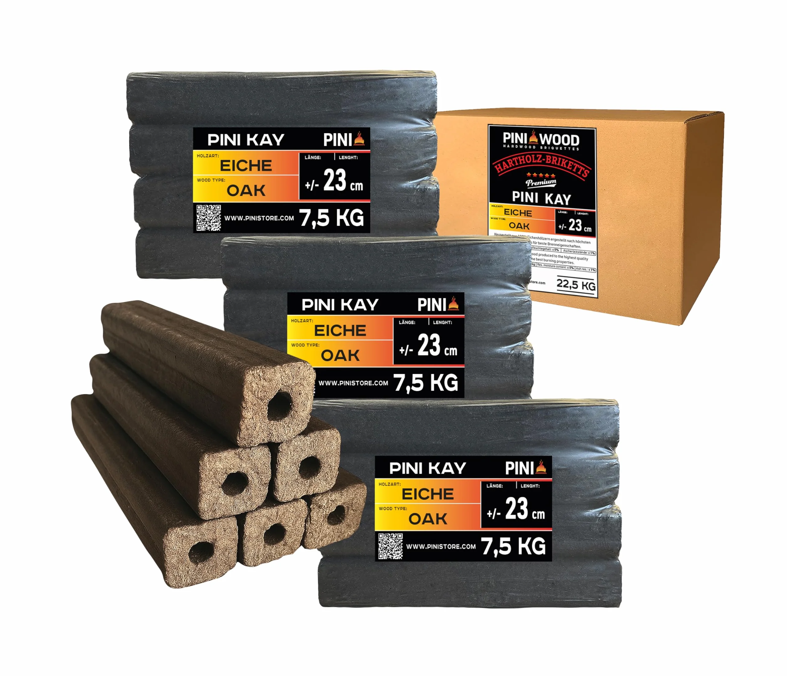 PINI Kay Briquetas de madera de roble, 23 cm de largo, cuadradas con agujero de tracción, 22,5 kg, briquetas de madera dura, briquetas de madera de roble, chimenea, horno y barbacoa