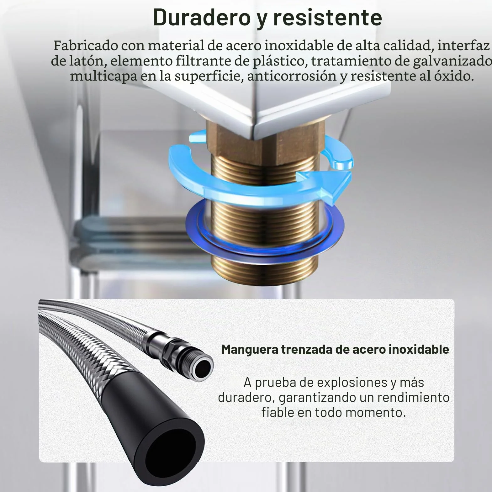 Grifo de cascada y lavabo, caño cascada, acero inoxidable, caliente y frío, vertical, altura 24,5 cm