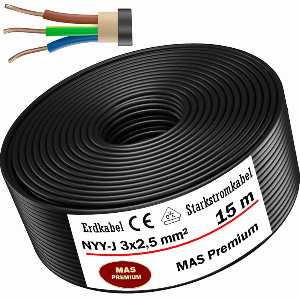 Cable de alimentación subterráneo de 5 a 100 m, NYY-J 3x2,5mm², anillo de cable eléctrico para instalación al aire libre, tierra (15 m)