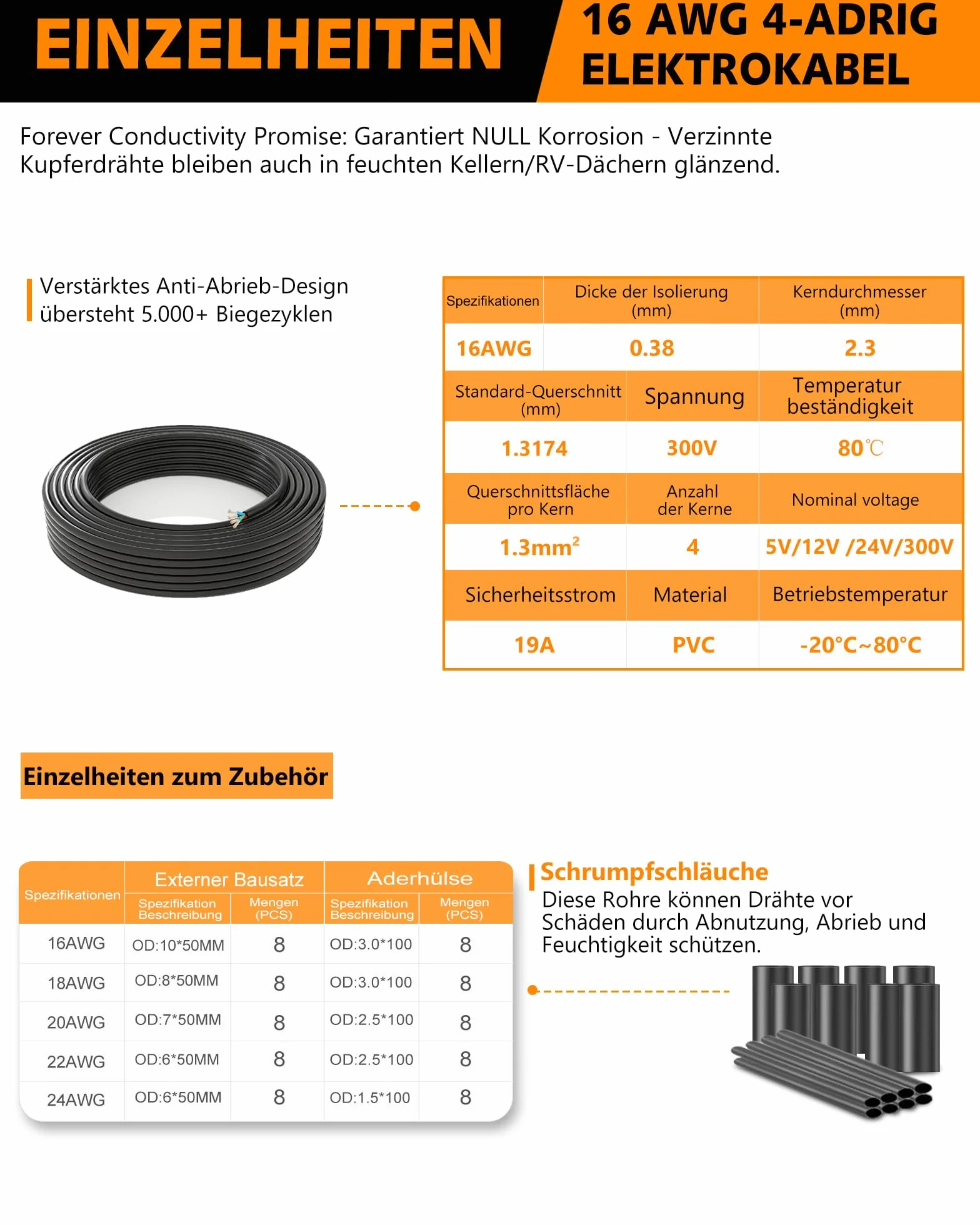 Cable Eléctrico 16AWG 4x1,5mm² 8 Metros UL2464 - Doble Conductor de Cobre Estañado Multitrenzado para Baja Tensión, Resistente Aceite y Calor en Luces LED de Automóvil, Furgoneta, Caravana