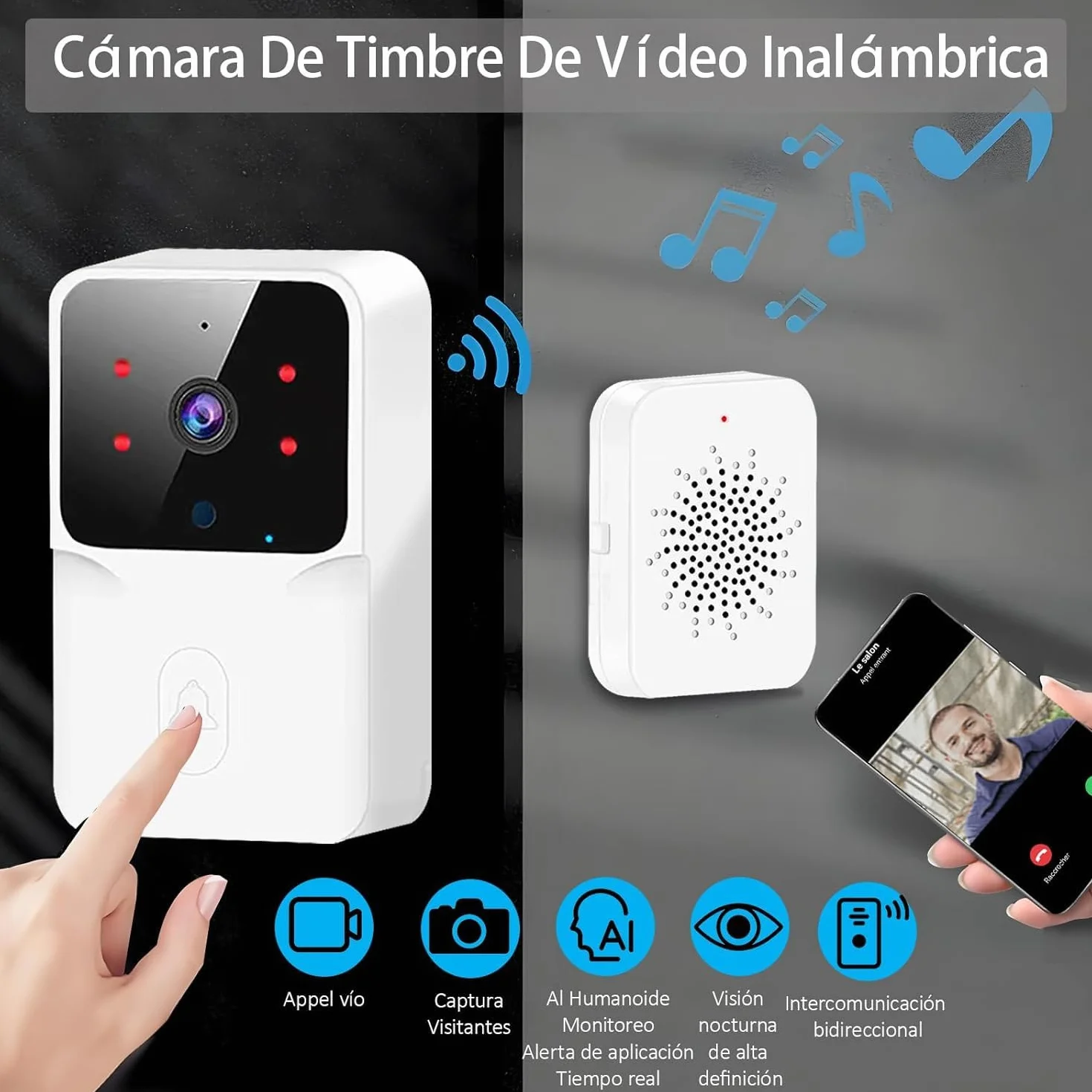 Videoportero Inalámbrico HD1080P Visión Nocturna IP66 Intercomunicación WiFi Control por App