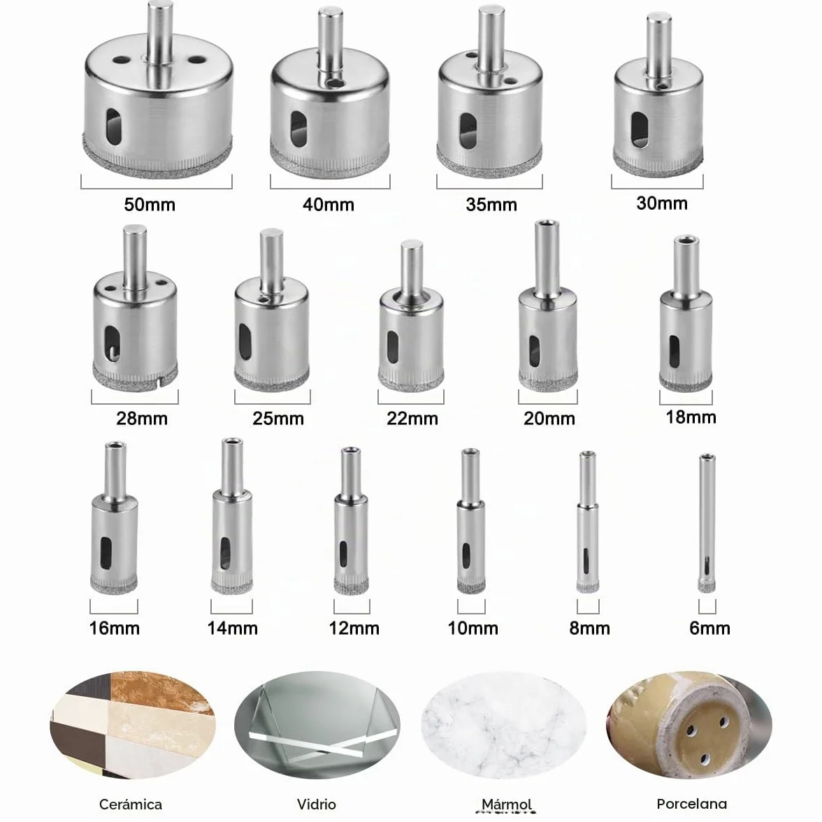 Flintronic - Broca de diamante, 15 piezas, sierra de campana, juego de herramientas, sierra de diamante para vidrio/azulejos, cerámica, mármol/porcelana de acero al carbono 8 mm-50 mm