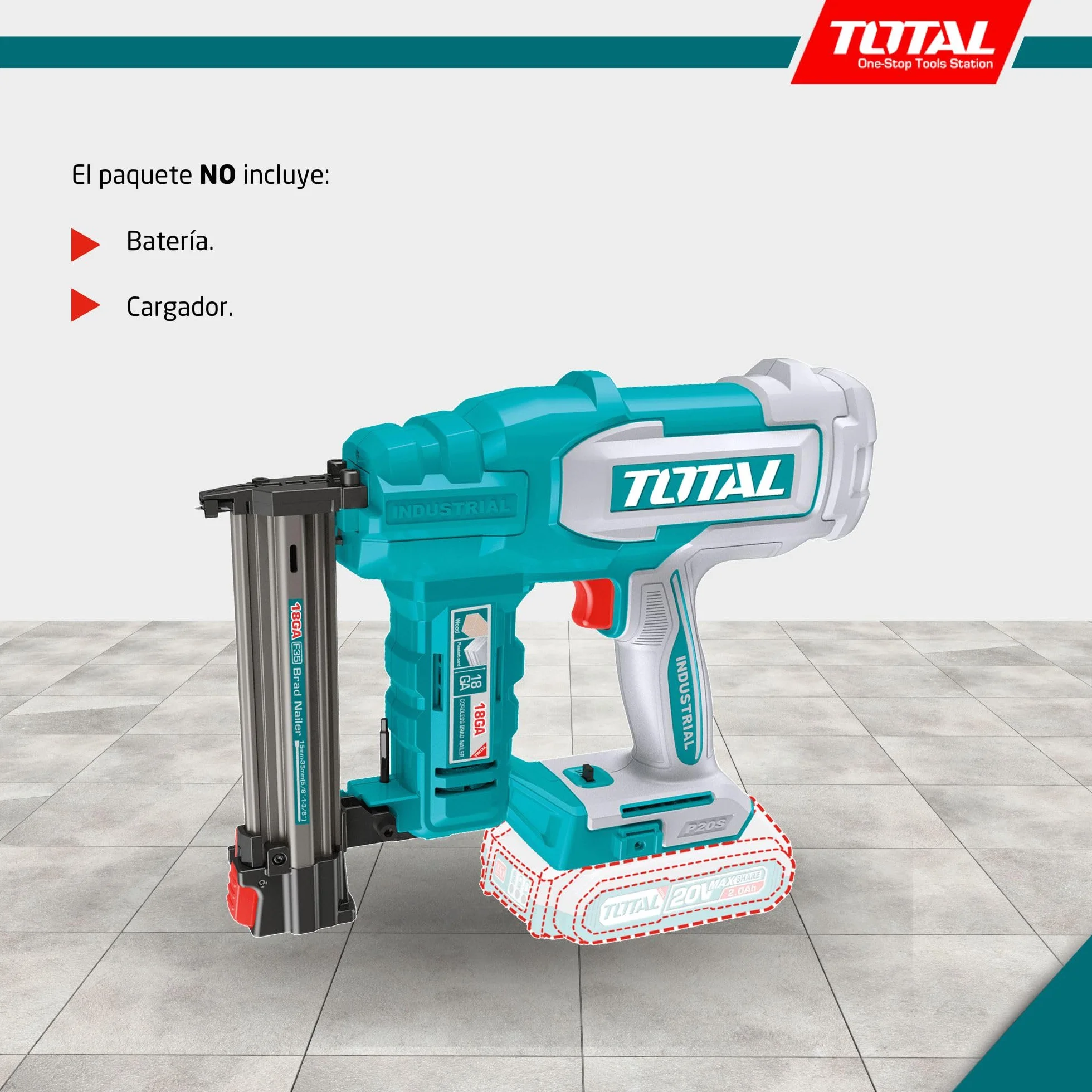 TOTAL - Clavadora a Batería 20V Profesional; 2 Clavos; Compatible F15-F35; Cargador 105 Clavos; Modelo TCBNLI2005; Herramienta Eléctrica sin Batería ni Cargador