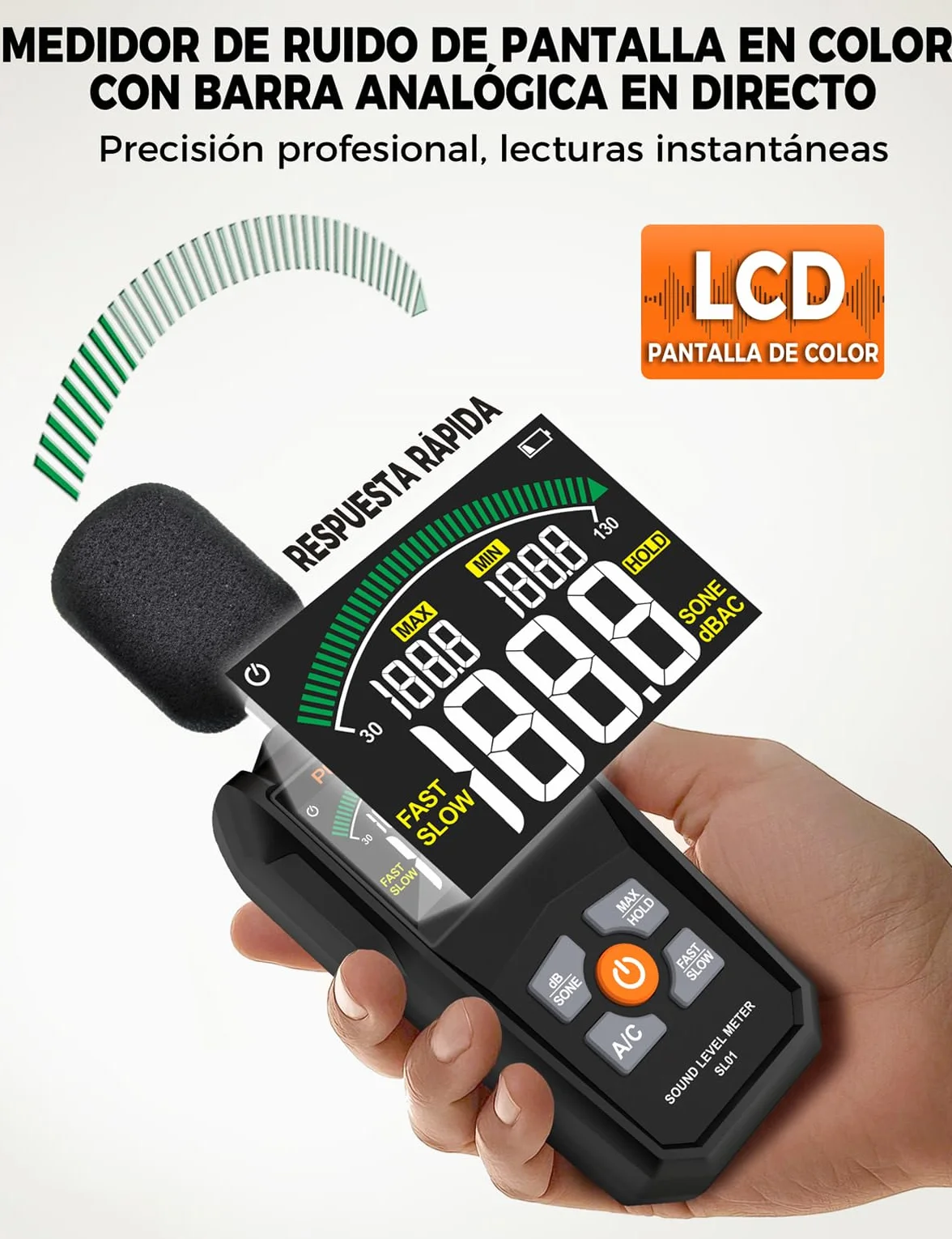 Sonómetro SL01 Medidor de Decibelios Profesional 30-130dB ±1.5dB Pantalla LCD Retroiluminación Ponderación A/C