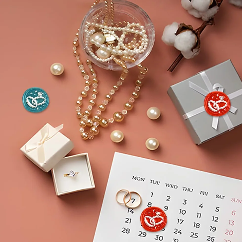 Sello de cera con anillos de boda, extraíble, 1 pulgada, cabeza de sello de cera de latón con mango de plástico ABS para invitaciones de boda, tarjetas de felicitación y sobres
