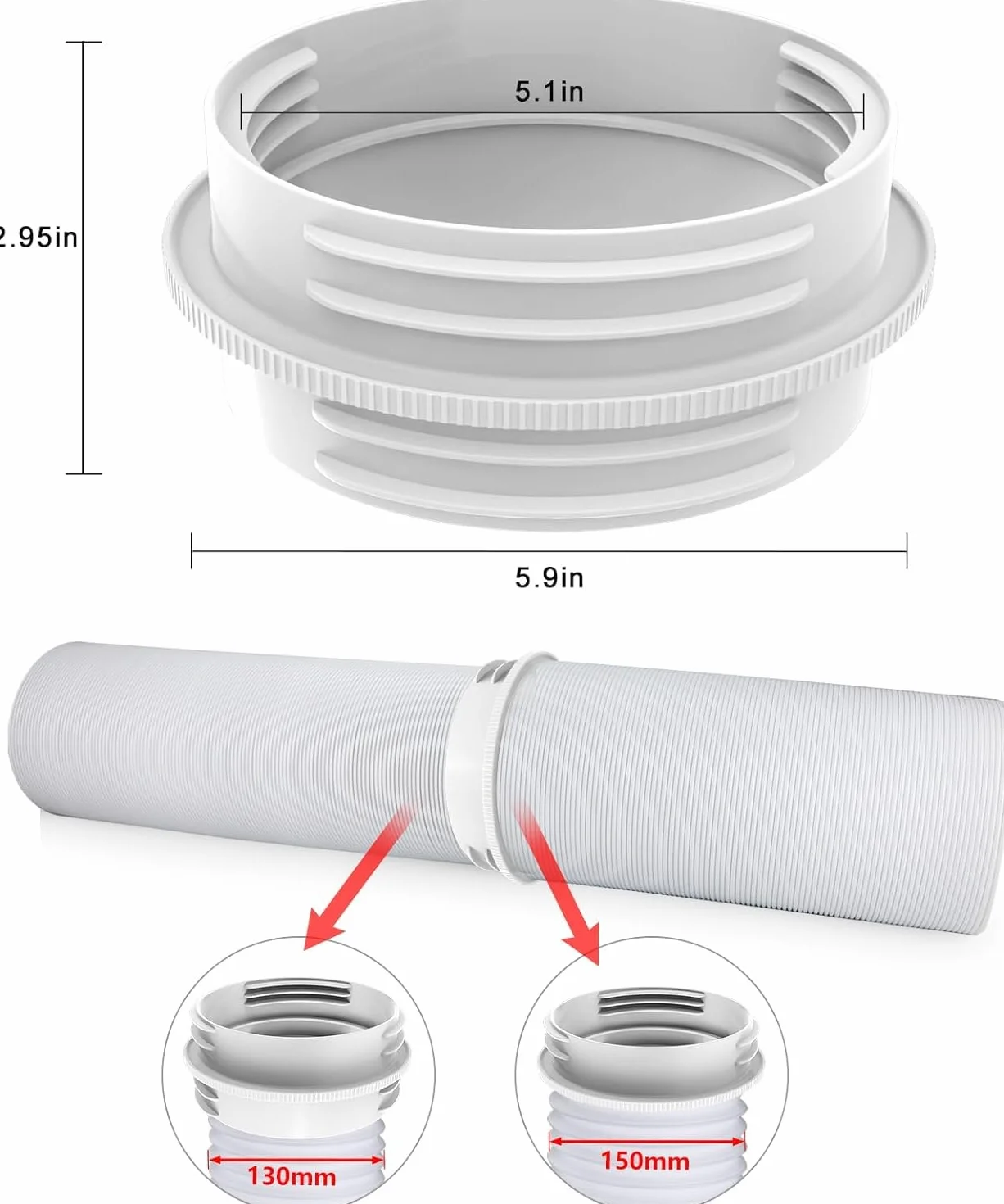 Adaptador Tubo Aire Acondicionado Portatil 130 mm Interior/150 mm Exterior Extensor Tubo Flexible Aire Acondicionado Portátil Adaptador Universal Conector