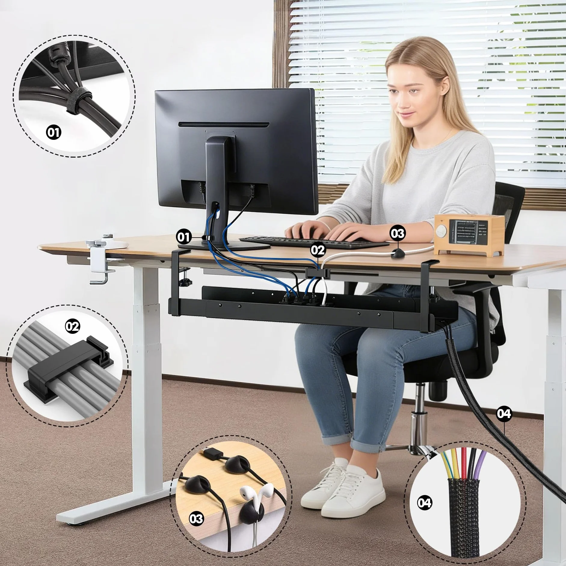 Mimoke Organizador de cables para escritorio, 800 a 1200 mm, con accesorios, montaje sencillo (negro)
