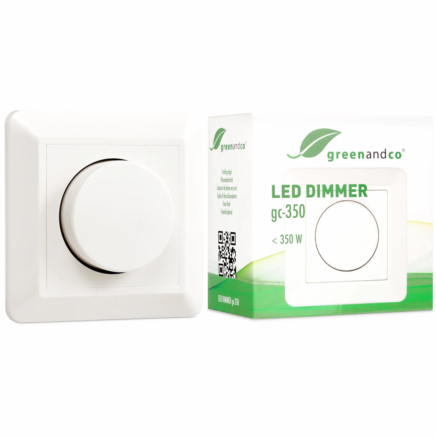 greenandco gc-350 regulador de intensidad LED giratorio | 1-350 W | también adecuado para circuitos con conmutador | función de disparo programable | empotrable | blanco
