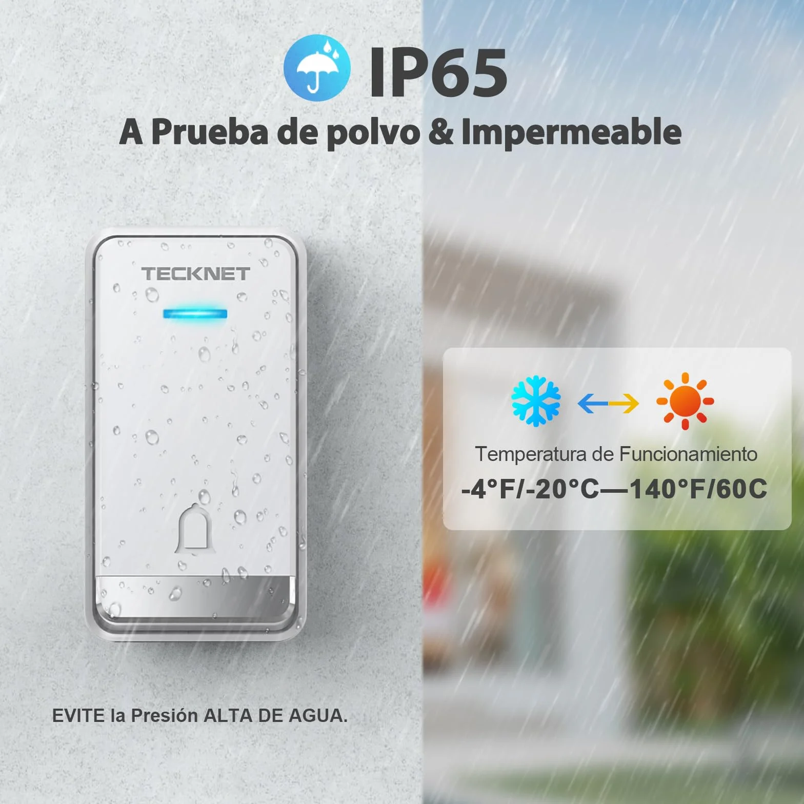 TECKNET Timbre Inalámbrico Exterior Impermeable con Enchufe, 400m Alcance Timbre Casa Autoalimentado, IP65 Timbre para Puerta sin Pilas con Indicadores LED, 60 Melodías Rango, 5 Niveles de Volumen