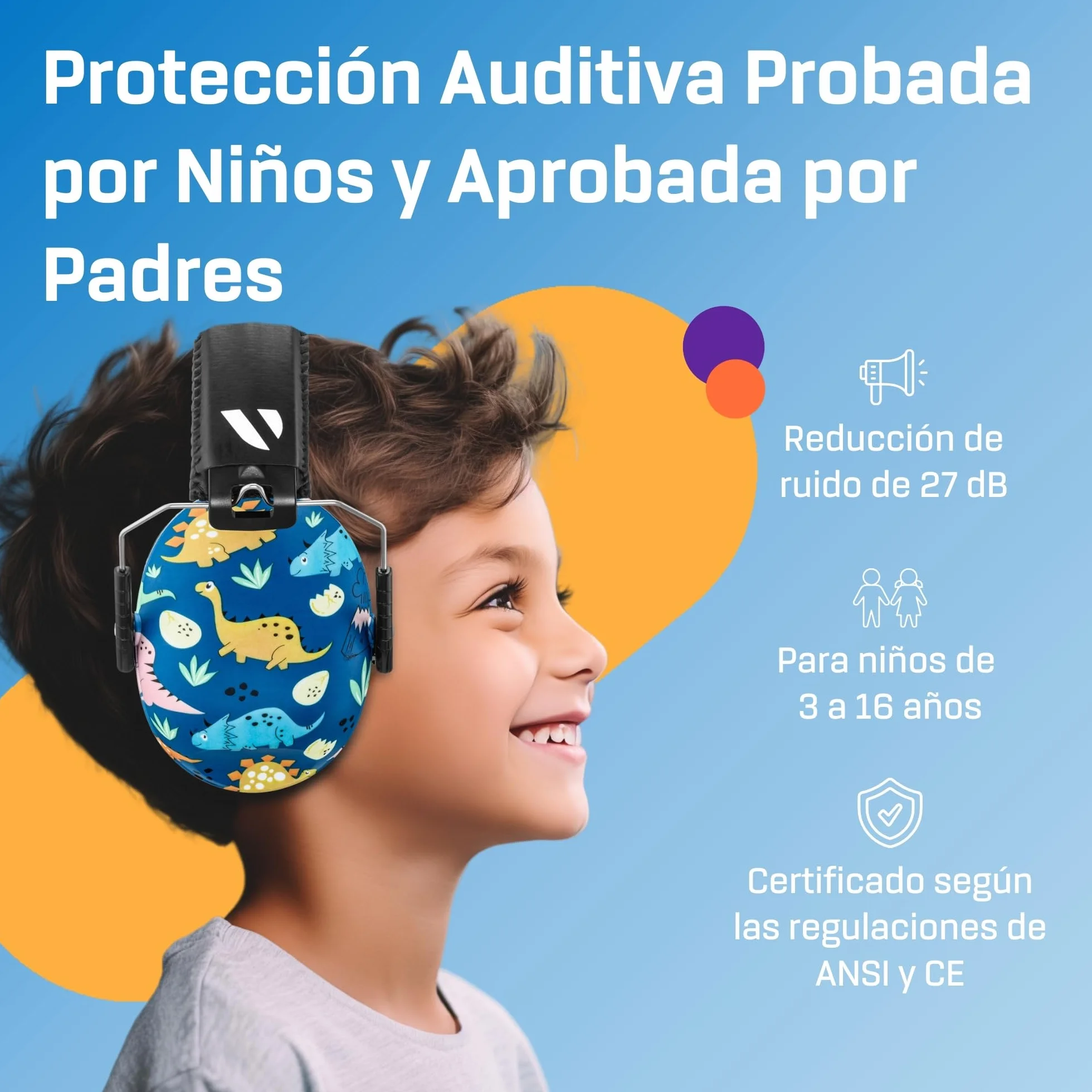 Vanderfields Auriculares con cancelación de ruido prémium Protección auditiva con reducción de sonido de amplio espectro de 32 dB a 2000 Hz - Kopfhörer Kinder 3-12 - Dinosaurier Club