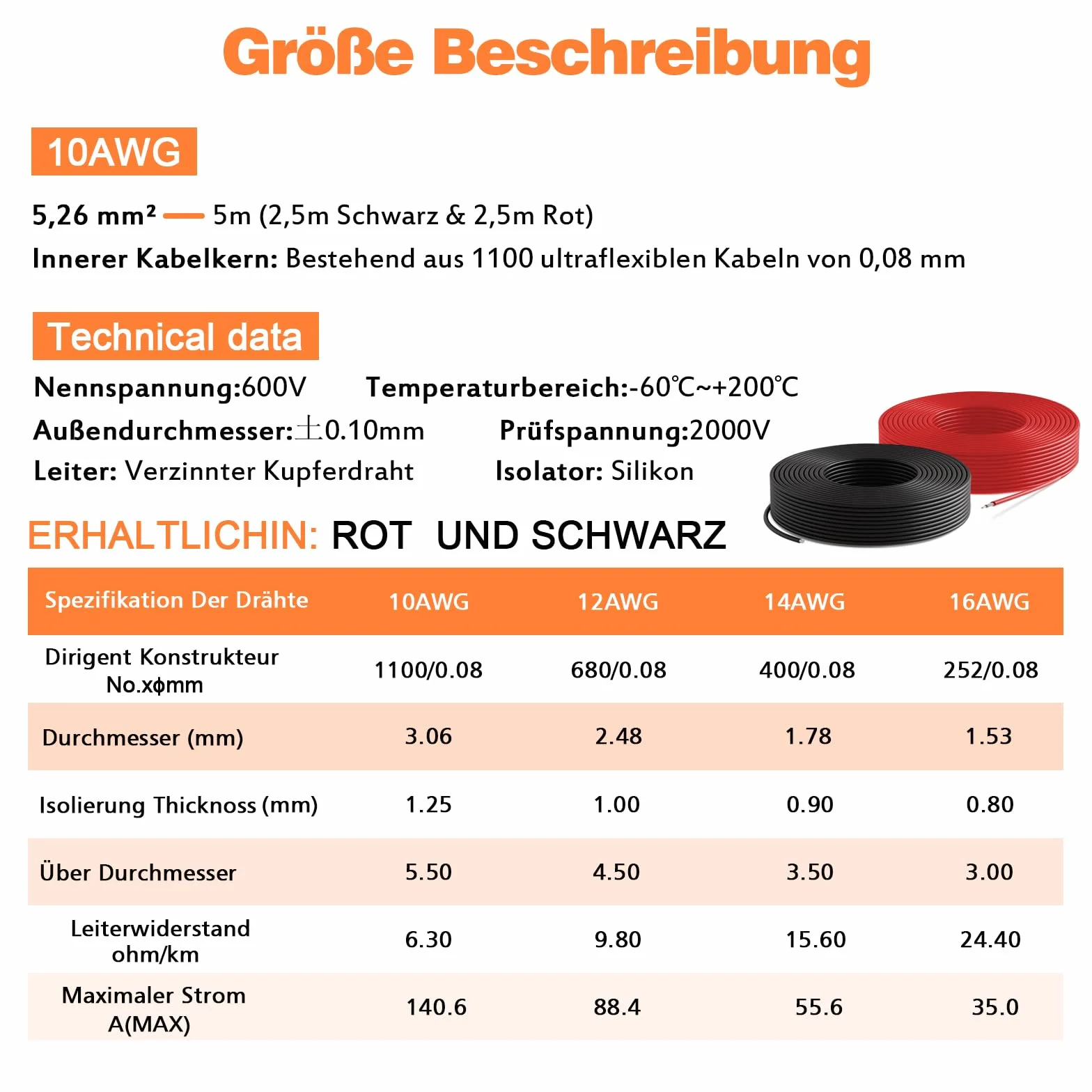 Cable de silicona 5,3mm² 10AWG súper flexible 5m 2.5m negro 2.5m rojo para modelos RC electrodomésticos