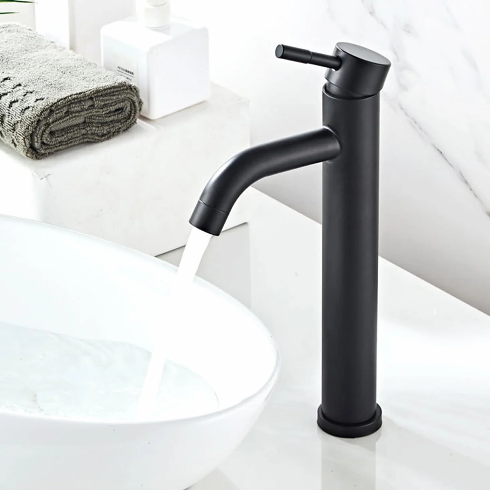 Grifo de Lavabo Alto Monomando para Baño, Acero Inoxidable, Acabado Negro Premium Resistente al Desgaste, Diseño Moderno y Minimalista(ALTO NEGRO)