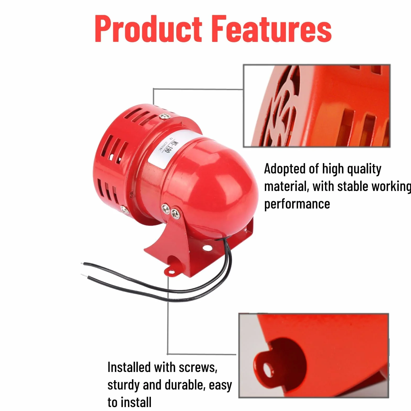 Sirena Alarma 220V 120DB Mini Alarma de Motor Rojo Protector Eléctrico de Sonido Industrial de Metal MS-190 contra Robo para Fábrica, Construcción