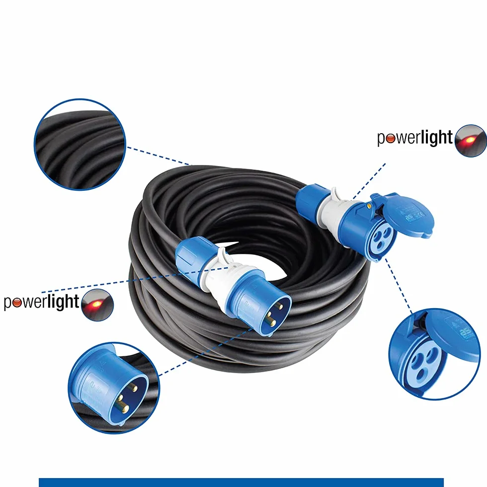 as - Schwabe - Cable de extensión para exteriores 1.5 m con nuevo indicador de tensión, enchufe y toma de corriente CEE, 3 polos, 230 V /16 A, protección contra agua en exteriores IP44, negro