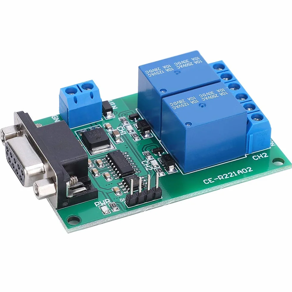 Módulo Relé DC 12V 2 Canales con Interfaz DB9 Protocolo UART RS232 Placa de Control Remoto para Circuito