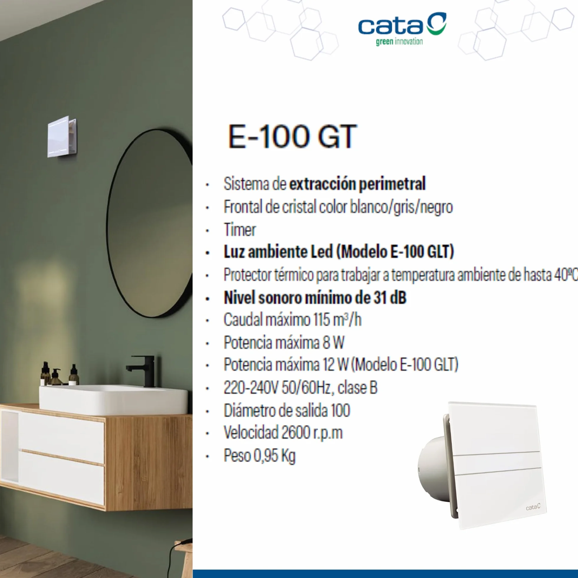 Cata e 100 GT Modelo E-100 baño silencioso, Serie e Glass, Bajo Consumo, Ventilador Extractores de aire, Alta Eficiencia Energética, 8 W, 230 V, Cristal Blanco