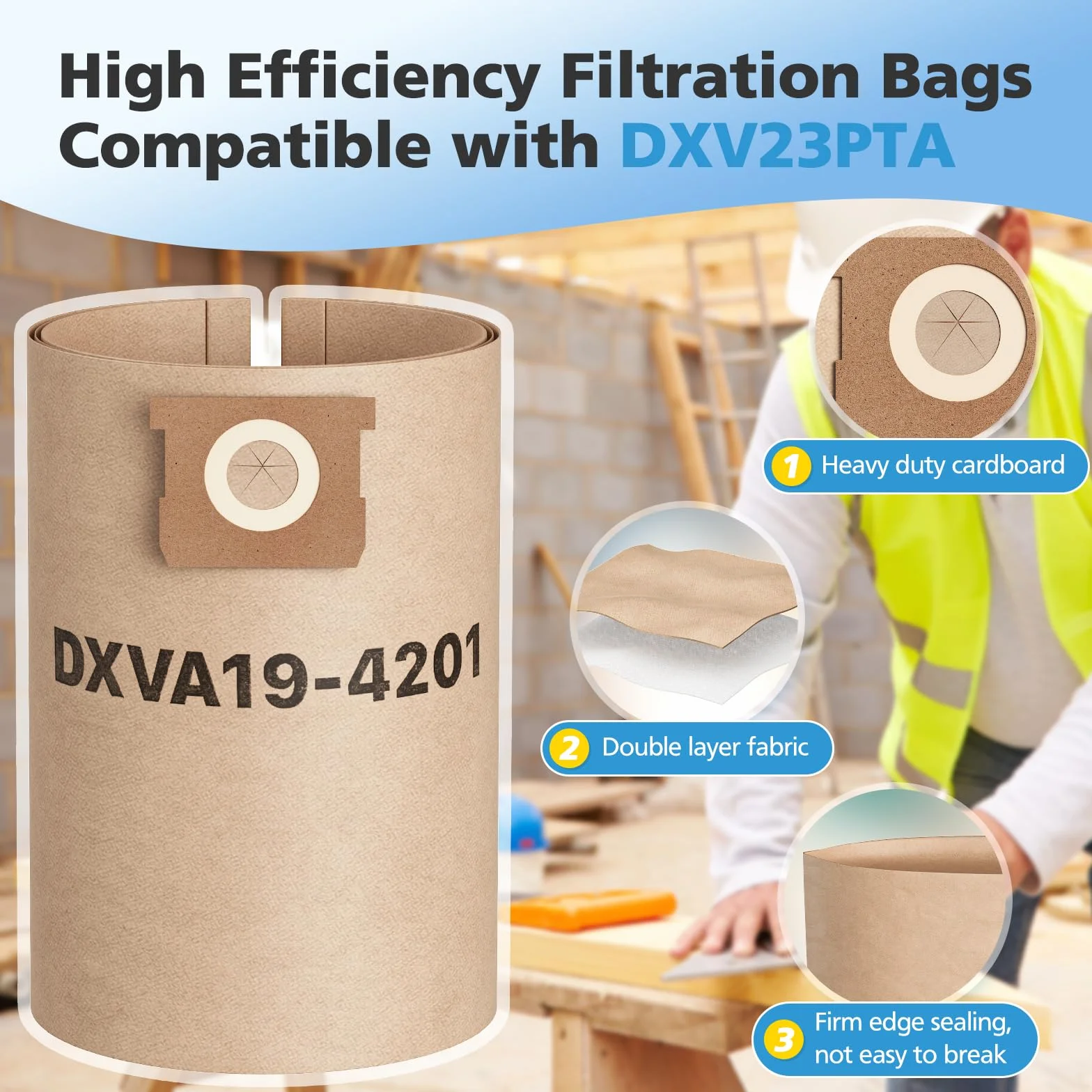 iSingo 9 bolsas de aspiradora compatibles con aspiradoras DeWalt DXV23PTA 23L DXV38S 38L DXV20PA 20L, DXV34P, DXW38P, DXV30S, bolsas de polvo de repuesto de alta eficiencia, 6 a 10 galones, 80 x 40 cm