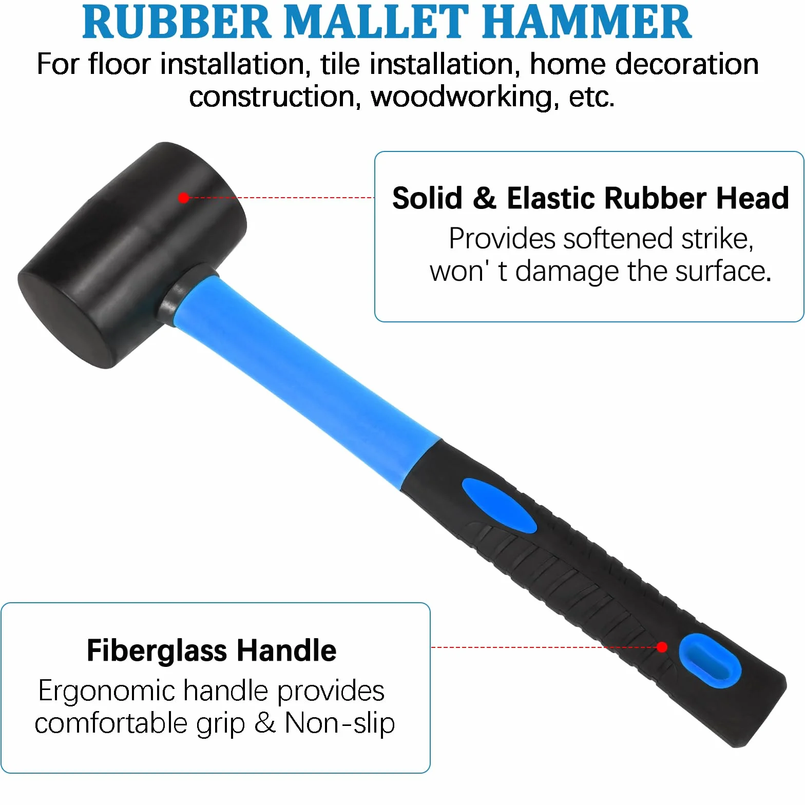 Fijador de huecos de piso para herramienta de reparación de huecos de suelo laminado, incluye ventosa de aluminio resistente y mazo de goma con mango de fibra de vidrio (no se puede utilizar en suelos