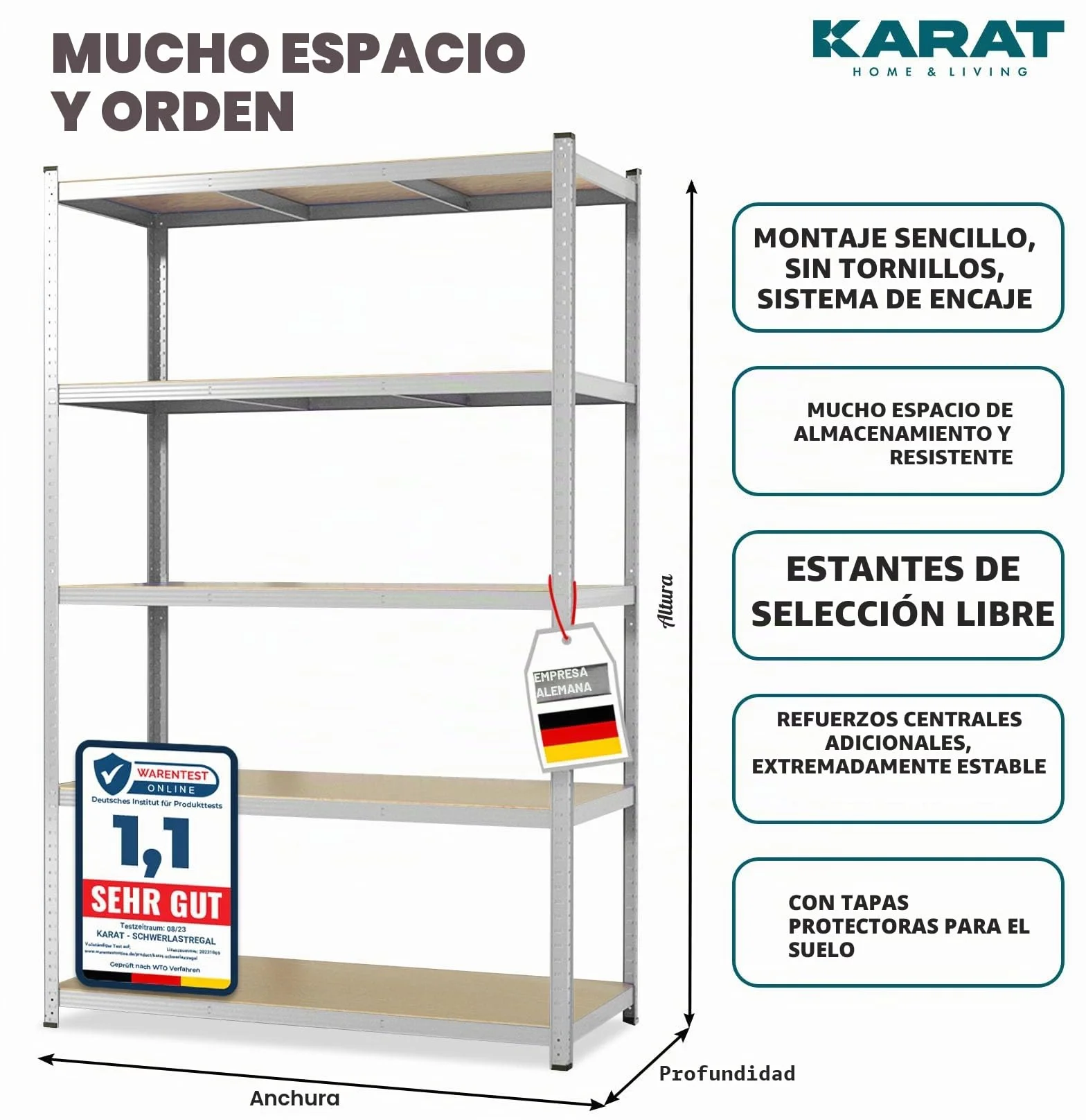 KARAT Estantería de metal para cargas pesadas, 180 x 90 x 60 cm, 5 estantes ajustables (galvanizado)