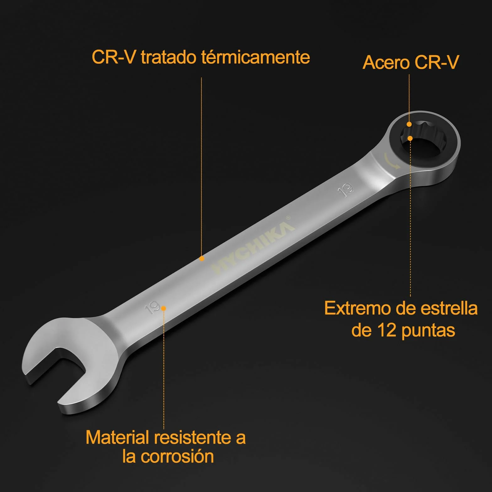 HYCHIKA Llaves Fijas 9Pcs, Llaves Fijas con Carraca 6-19mm con Bolsa de Almacenamiento, Juego de llaves, llaves Combinadas, Engranaje de Trinquete de 72 Dientes